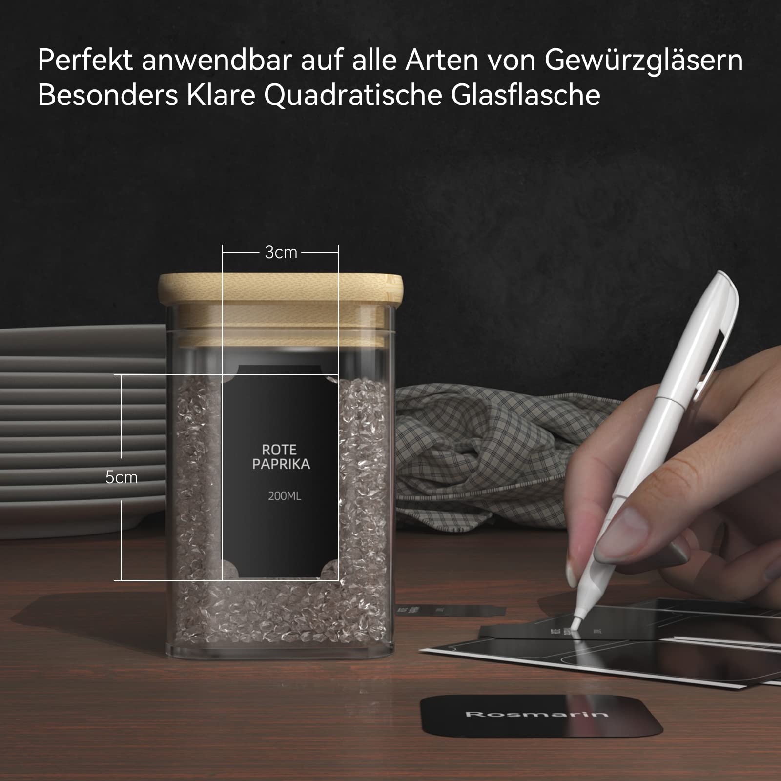 Stapelbare kruidenpotjes, 210 ml, vierkant, 12 stuks, voorraaddozen van glas, luchtdicht, bamboe houten deksel, met etiketten en krijtstift, kruidenopslag, keukenorganisatie, voorraadpot