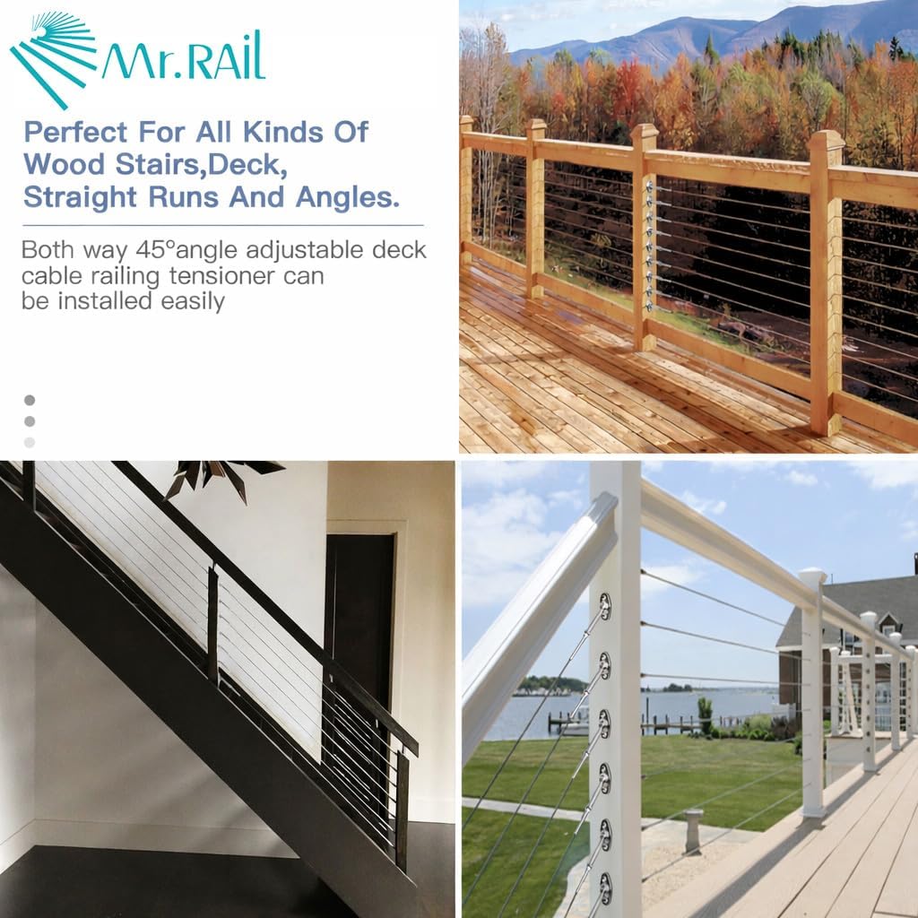 MR.RAIL 1/8" Cable Railing Hardware: 10-Pairs 316L Stainless Steel Connector Tensioner Kit for Wood and Metal Post, Corrosion & Heat Resistant - for Stair Balcony Deck MR-08