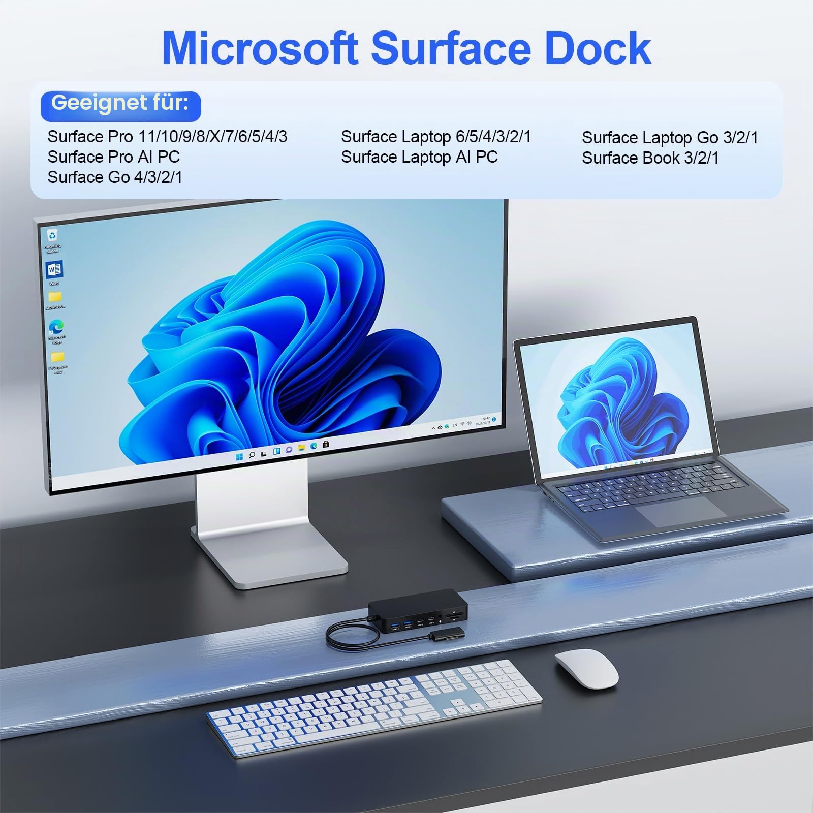 Surface Dock 2, 12-in-1 Surface Docking Station Triple Display mit Dual HDMI 4K@60HZ+VGA, Surface Dock Station für Surface Pro 11/10/9/8/X/7/6/5/4/3, Surface Laptop, Surface Book, Surface Go