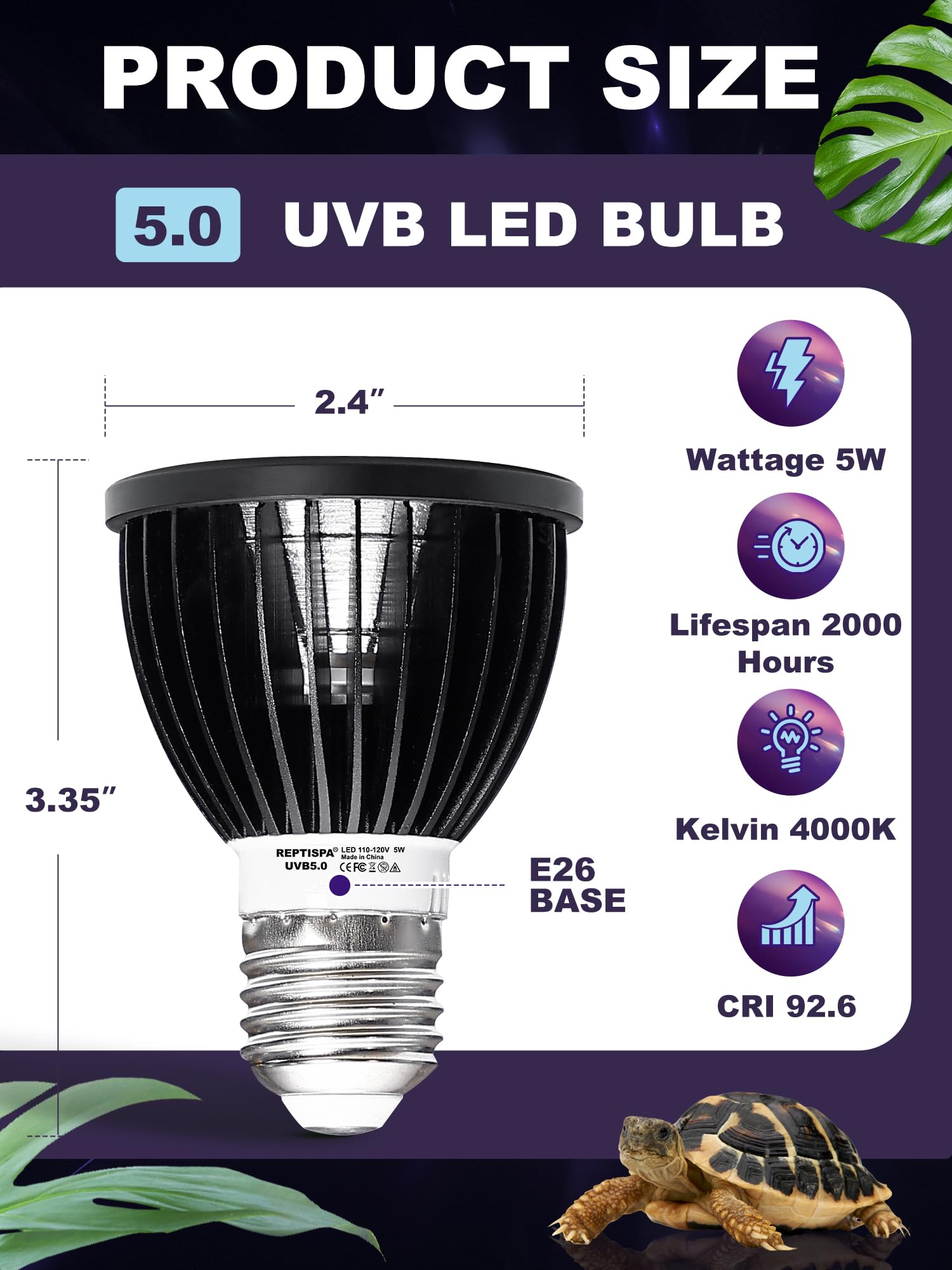 Luce LED UVB per rettili, 5 W 5.0 LED UVA UVB, lampadina UVB per rettili drago barbuto, lucertola, geco, serpente, tartaruga, fornisce sufficiente esposizione UVB tropicale e rettili del