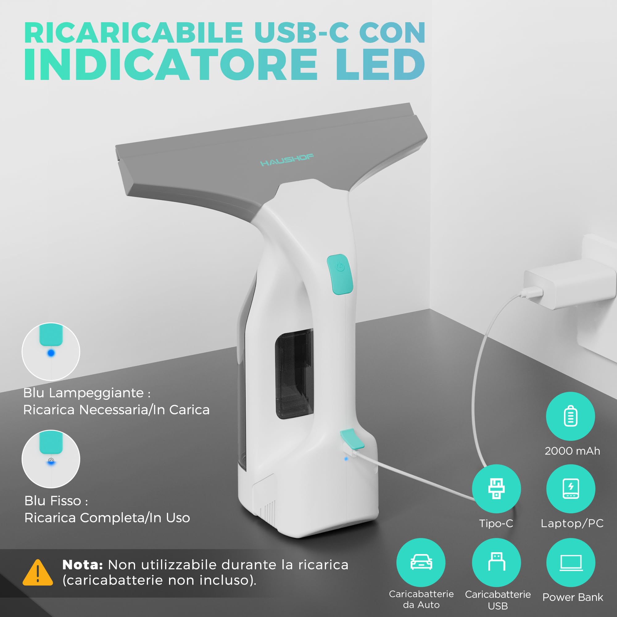 HAUSHOF Lavavetri Elettrico Senza Fili, 30 Minuti di Autonomia, 280 mm Larghezza di Pulizia, Beccuccio Regolabile, Panno in Microfibra, Ricarica USB-C, Aspiragocce per Vetri, Piastrelle e Specchi