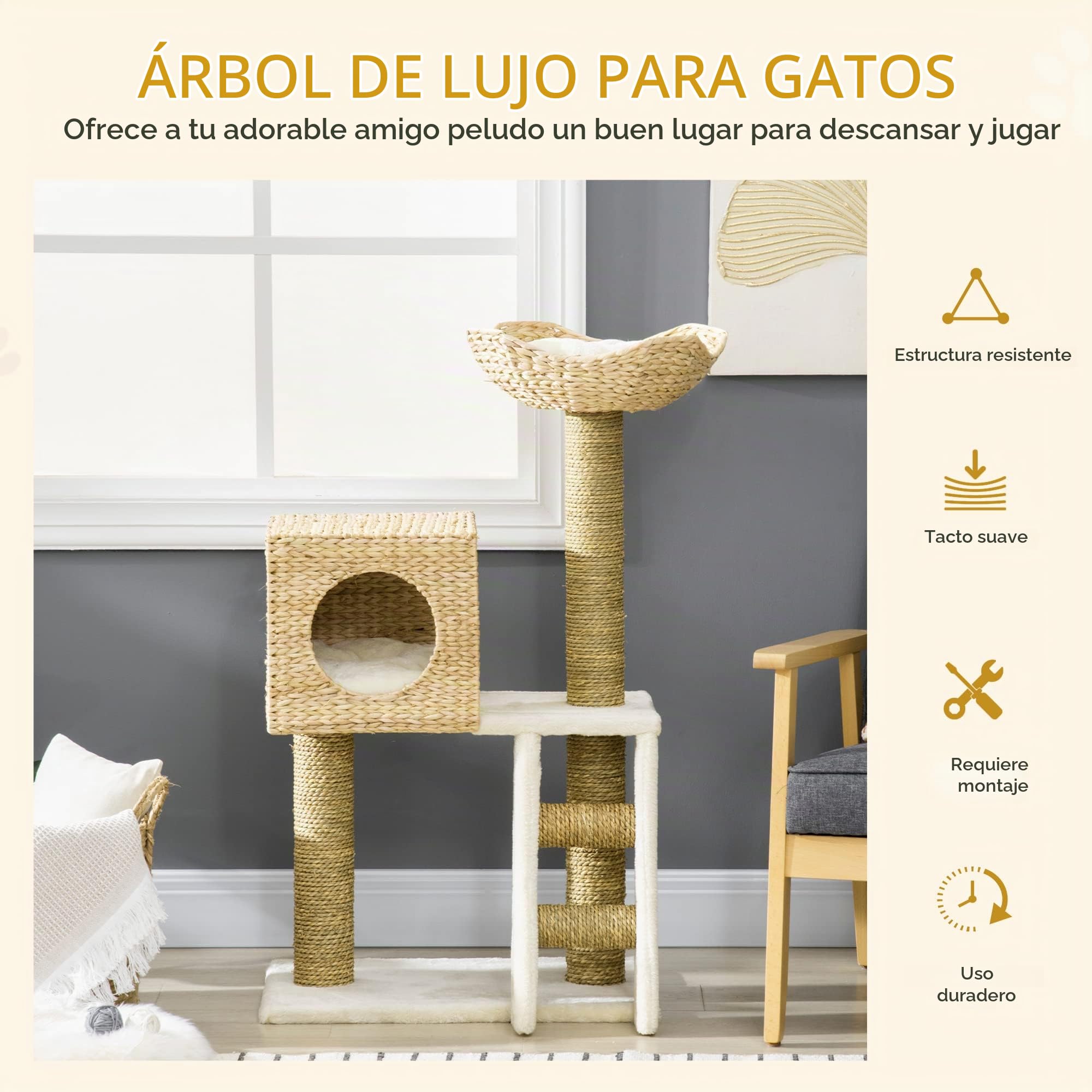 PawHut Árbol Rascador para Gatos Medianos 2 Postes 57x37x100,5 cm Natural | Torre para Gatos, Cama Superior, Cueva de Totora, 2 Cojines, Escalera