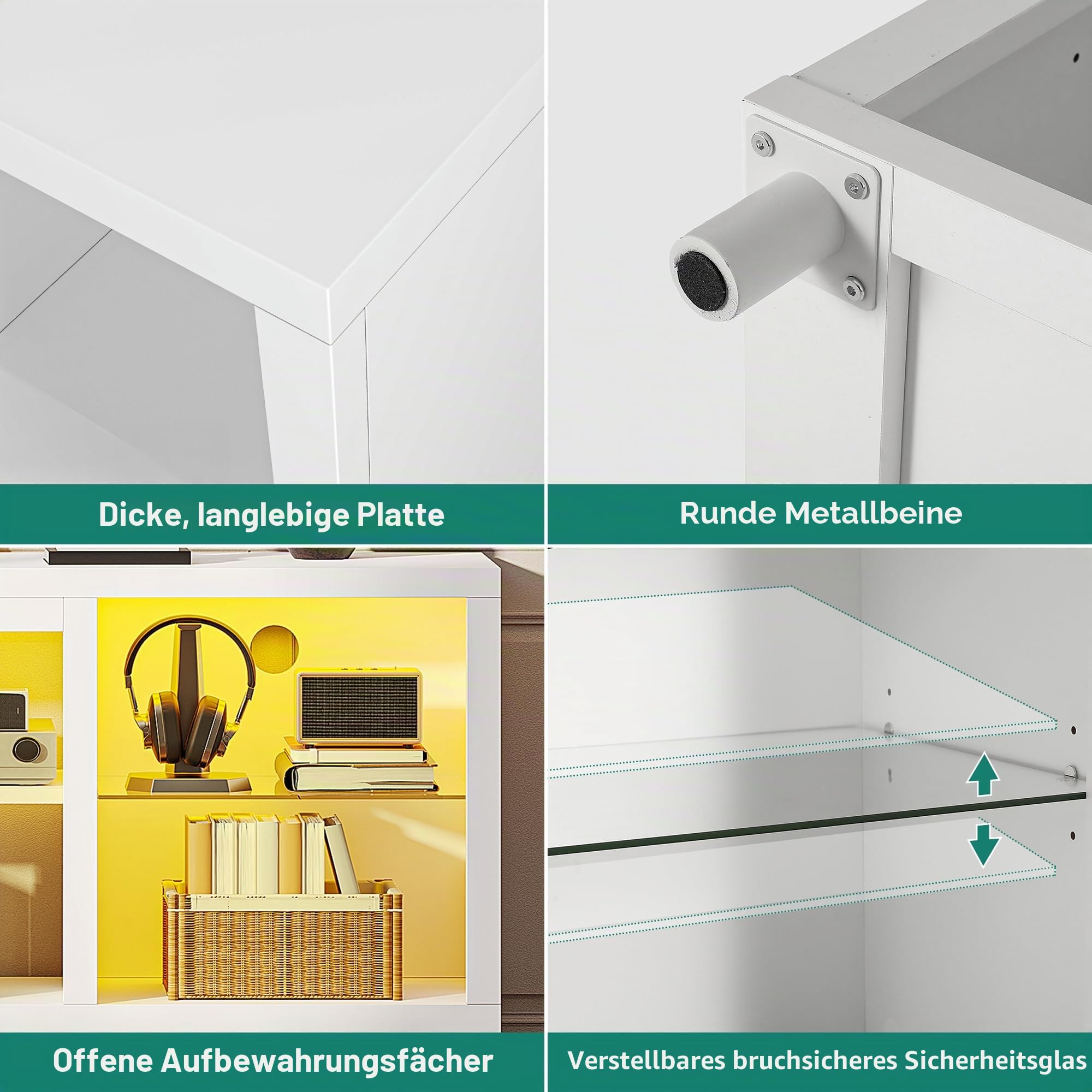 YITAHOME TV Schrank, Lowboard für 65 Zoll & kleinere TVs mit RGB LED-Beleuchtung, 148cm TV Board mit verstellbaren Glasböden, integriertes Kabelmanagement, Fernsehtisch für Wohnzimmer (Weiß)