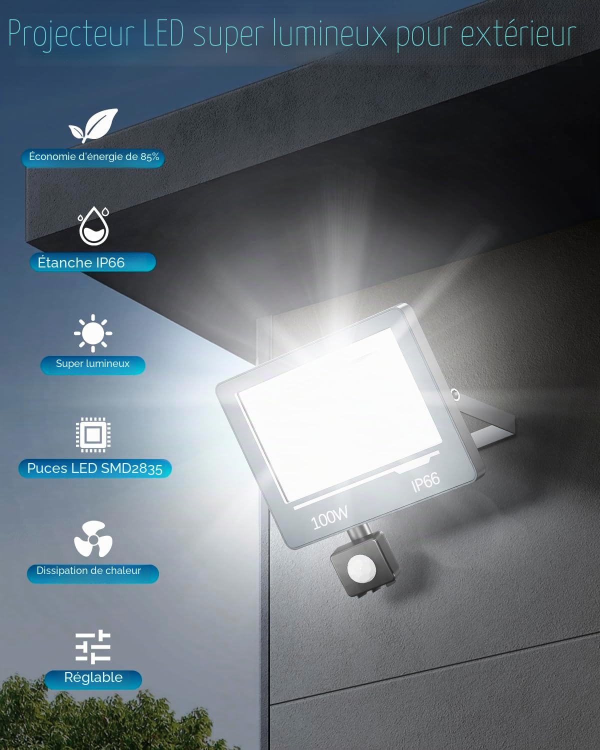 Spot LED Extérieur Detecteur de Mouvement 100W, Projecteur LED Extérieur avec Détecteur 10000LM Ultra Lumineux, 6500K Blanc Froid, Étanche IP66, Lampe Exterieur pour Jardin/Patio 2 Pièce