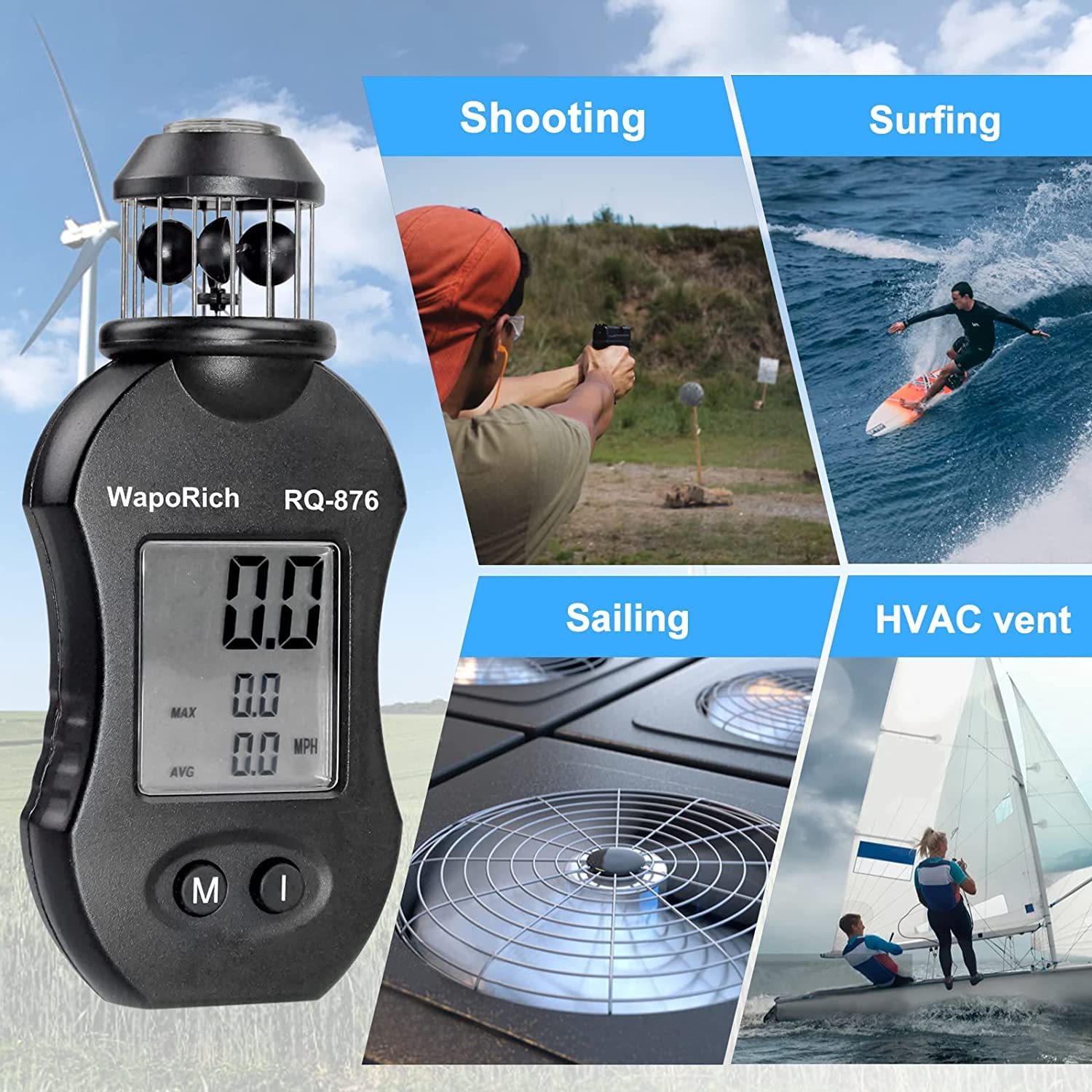 Anemometro a tazza a 360° portatile, WapoRich RQ-876 misuratore di velocità del vento con velocità del vento/temperatura del vento/test massimo/medio per HAVC, volo con drone, pesca, tiro