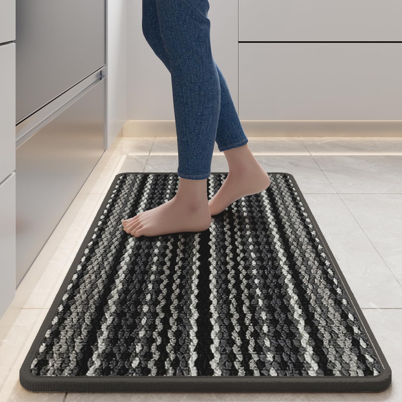 Alfombras de cocina de rayas con base antideslizante y tejido absorbente gris lavable