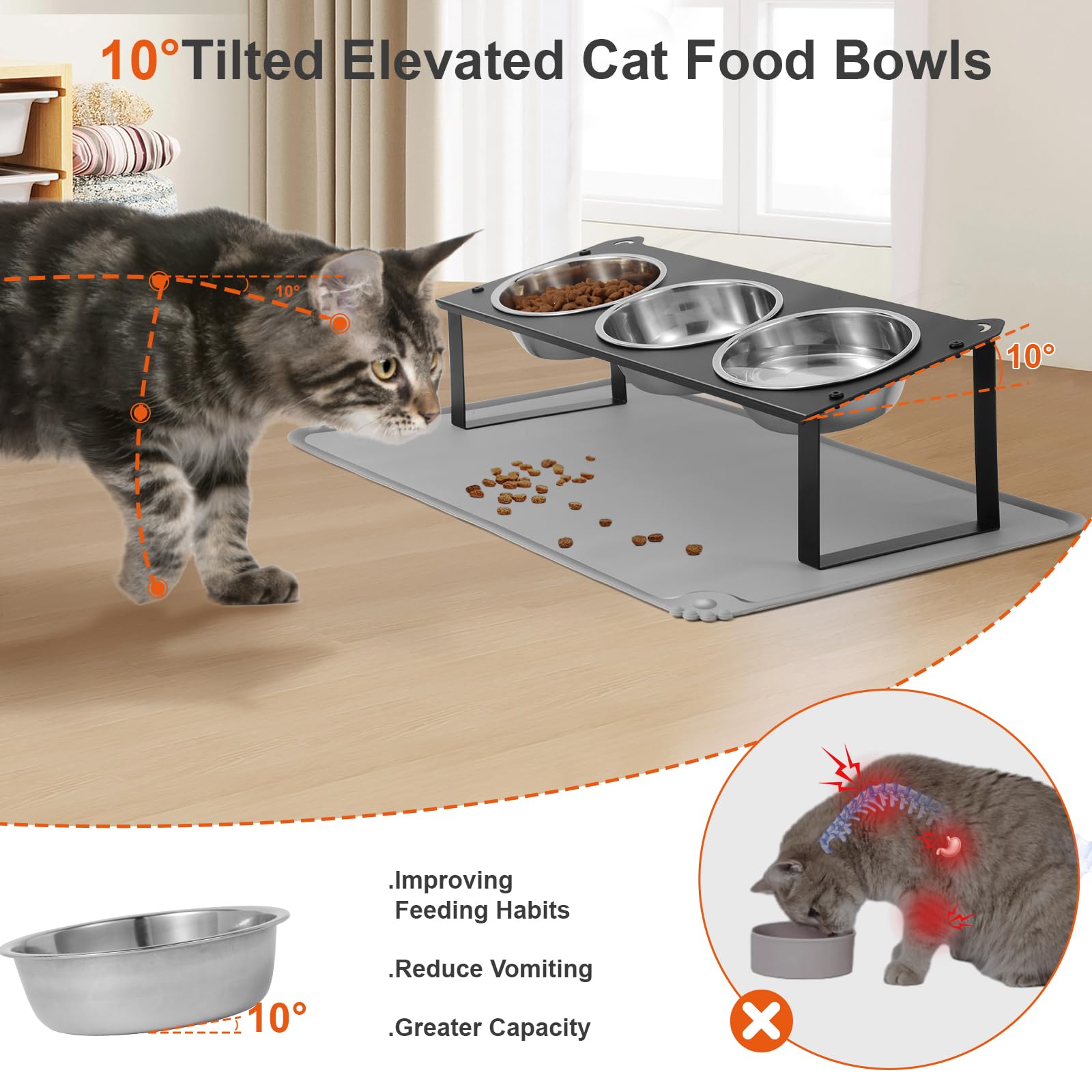 Erhöhte Katzennäpfe mit Futtermatte, 10 ° geneigt, rutschfest, erhöhtes Katzenfutter, Wassernäpfe Set, 3 dicke Edelstahl-Haustierschalen mit niedlichem Metall-Futterständer für Indoor-Kätzchen, Welpen