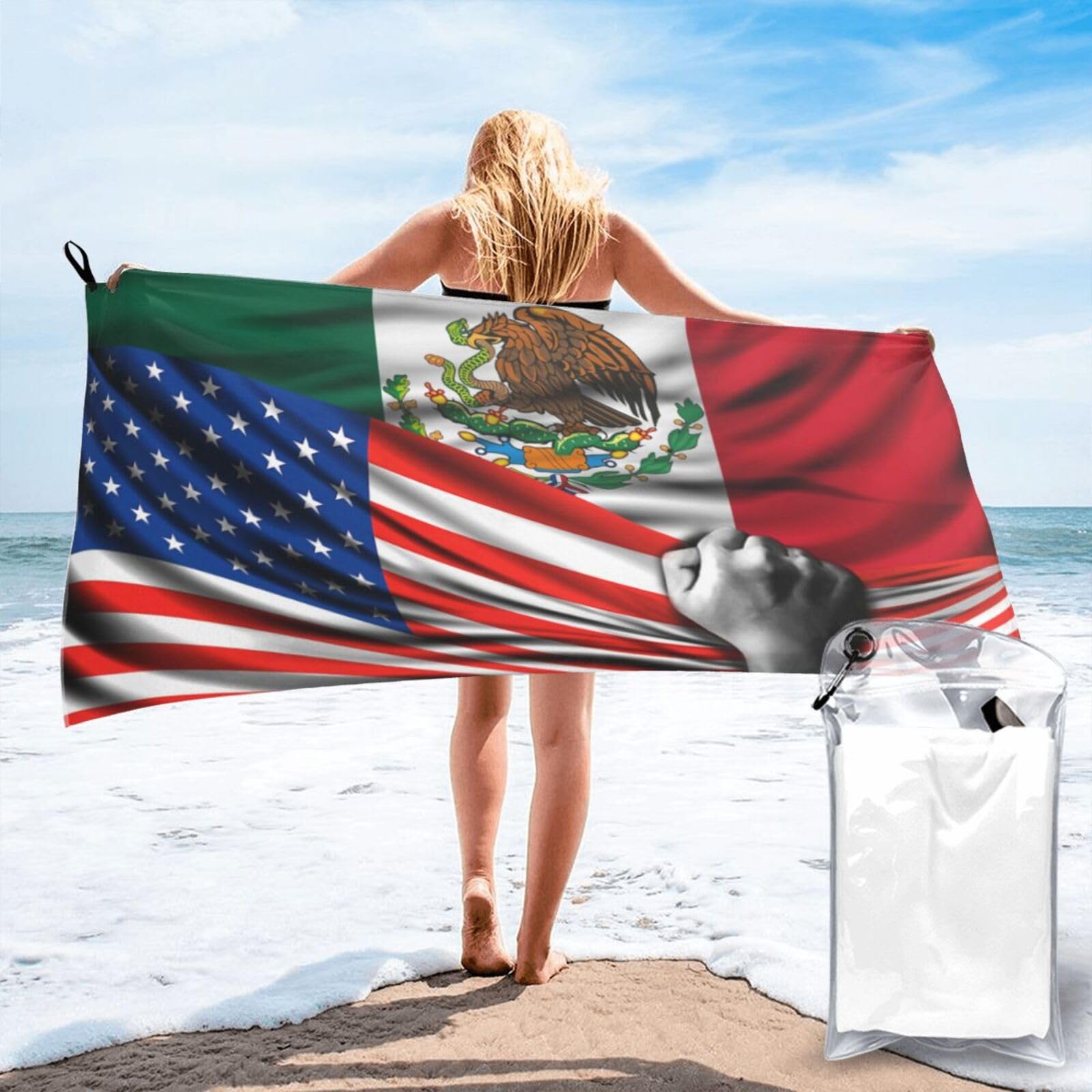 HACXZ Beach Towel America Flag and Mexico Flag Microfiber Beach Towel Lightweight Absorbent 31.5"X63"