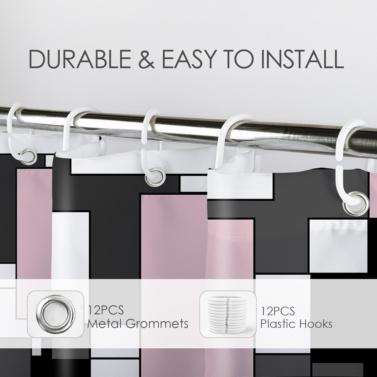 Modern Pink Shower Curtain for Bathroom, Grey Black and White Abstract Mid Century Minimalist Geometric Shower Curtains 72X78 inch Polyester Fabric Bathroom Decoration Bath Curtains Hooks Included