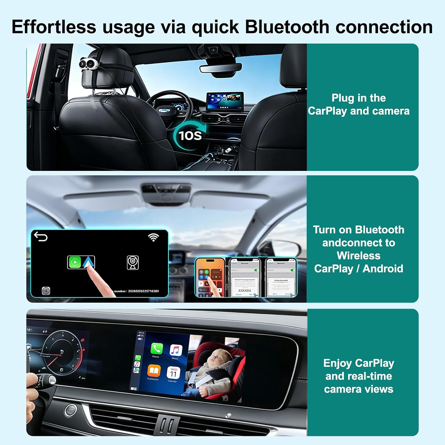 Cabin Care Wireless CarPlay Adapter with Baby Car Camera, Plug and Play Baby Monitor 1080P HD Real-Time Rear Seat View on Car Screen, Split Screen Mode, No Glow Night Vision, 150° Wide Angle