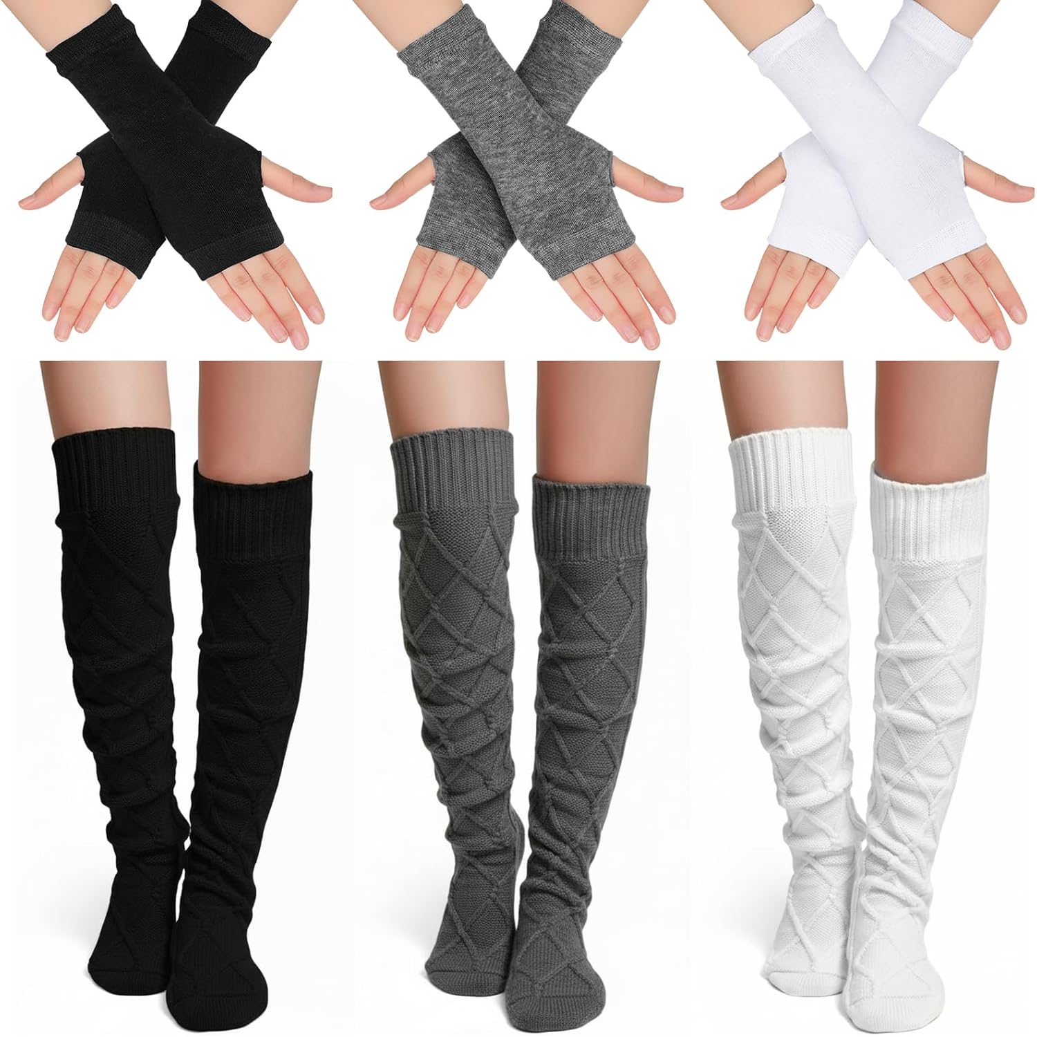 3 Sets Leg Warmers and Arm Warmers Women Knitted Knee High Socks Cable Knitted Fingerless Gloves over The Knee Long Boot Stocking for Women Girls Winter Cold Weather