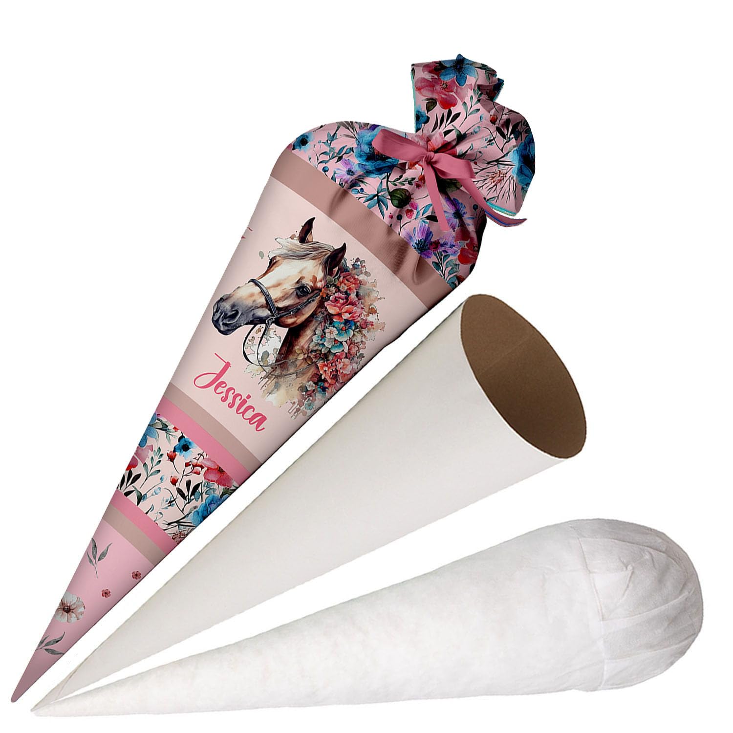 Schultüte Pferd mit Blumen aus Stoff 70 cm Personalisierte Zuckertüte mit Namen runde Papprohling Silikonkügelchen Kissen