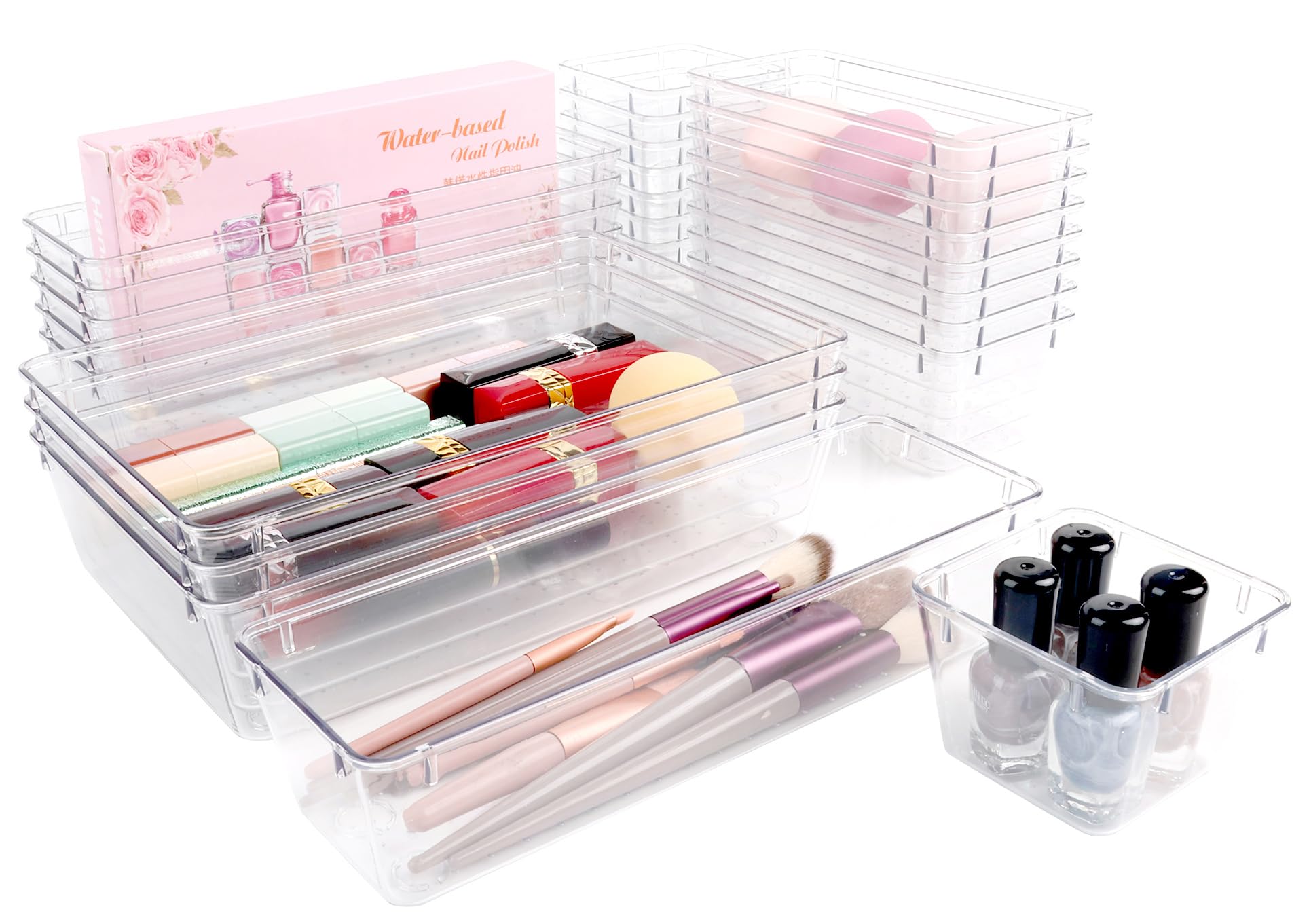 25 PCS Clear Plastic Drawer Organizer Set,Vanity Organizer Storage Bins Containers,4 Size Desk Drawer Organizer Tray