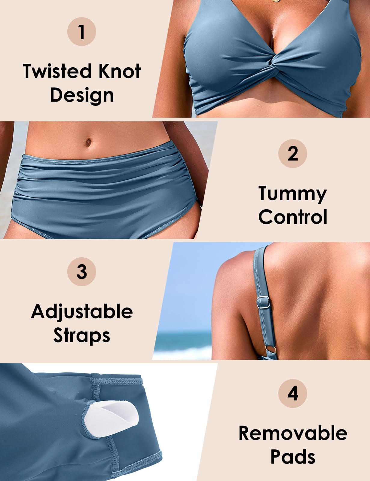 Nadeer Donna Costume da Bagno Vita Alta Fronte di Torsione Due Pezzi Bikini Elegante Scollo a V Push Up Beachwear Sexy Controllo del Ventre Spiaggia Swimwear