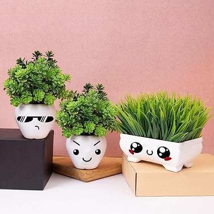 Kawai Homes Plastic Artificial Plants For Home Decor Living Room With Small Cute Pots For Indoor Decorations (Green, 3 Pieces)