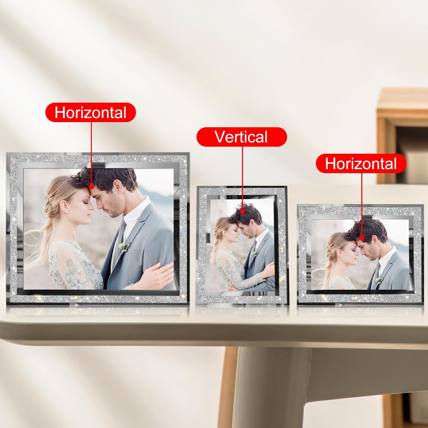 Egofine 5x7 Picture Frames Set of 4, Glass Picture Frames Silver Crystal Wedding Photo Frames for Tabletop Display Vertically or Horizontally