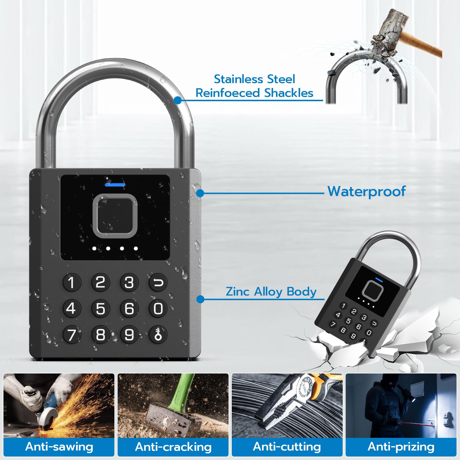 Eseesmart Candado inteligente con llave, combinación biométrica con aplicación Bluetooth, impermeable, para unidad de almacenamiento, valla al aire libre, cobertizo, gimnasio, escuela