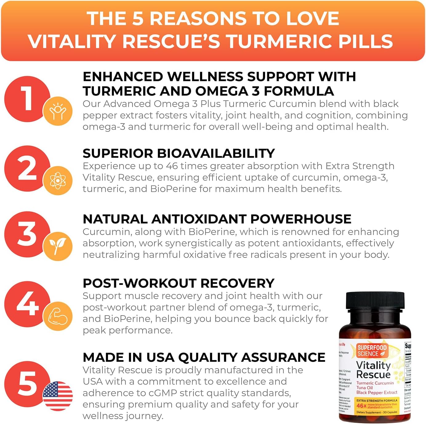 Vitality Rescue Omega 3 with Turmeric Curcumin Supplement, Fish Oil DHA EPA with BioPerine & CurcuWin 46X Absorption, Supports Joint, Muscle, Heart & Brain Health, 30 Capsules