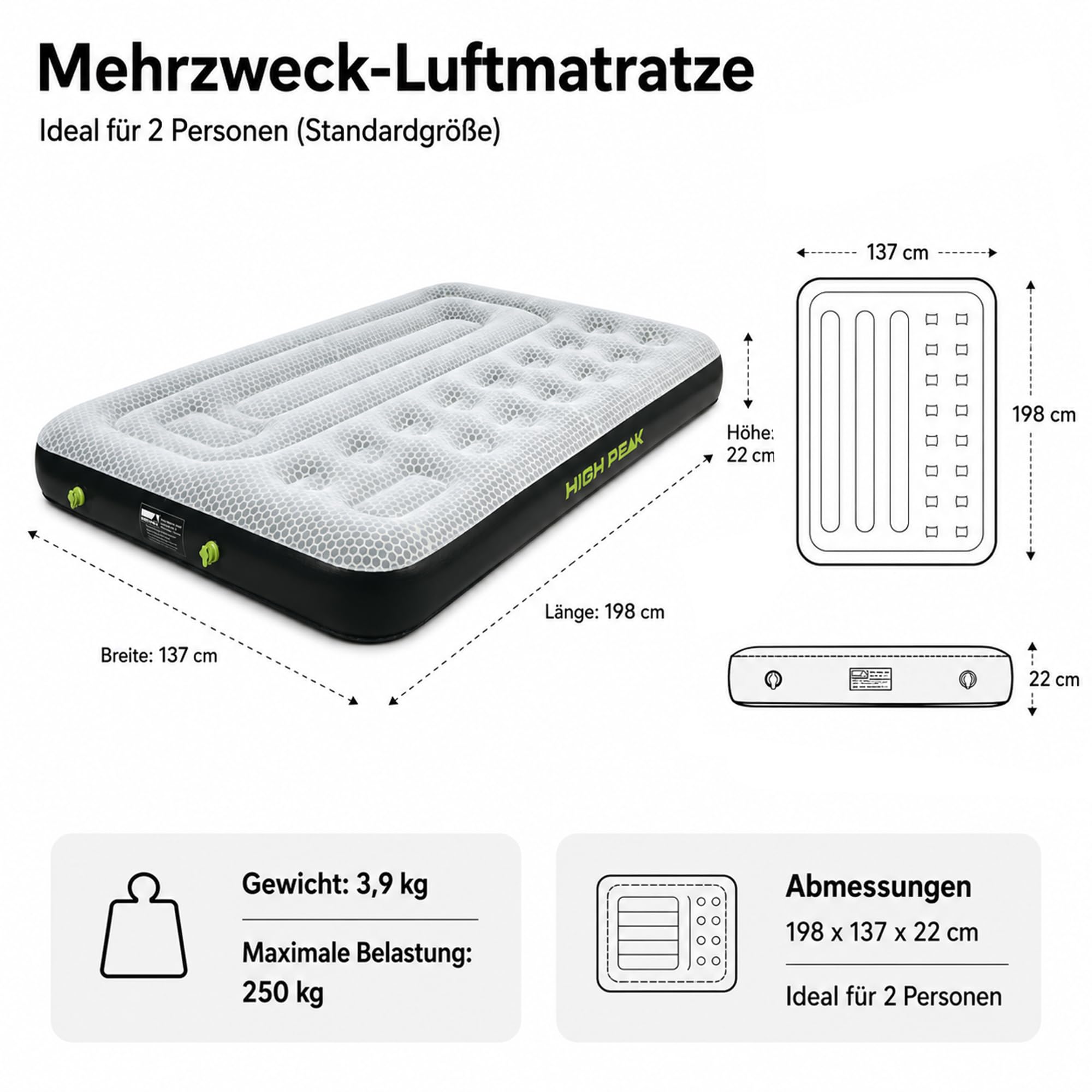 High Peak Luftbett 2 Personen mit integrierten Pumpen und Doppelkammer | Anti-Rutsch-Pads, Doppelventil, Dual-Zonen-Liegefläche, pflegeleicht, 198x137x22cm, bis 250kg, für Zelt, Zuhause, Reisen