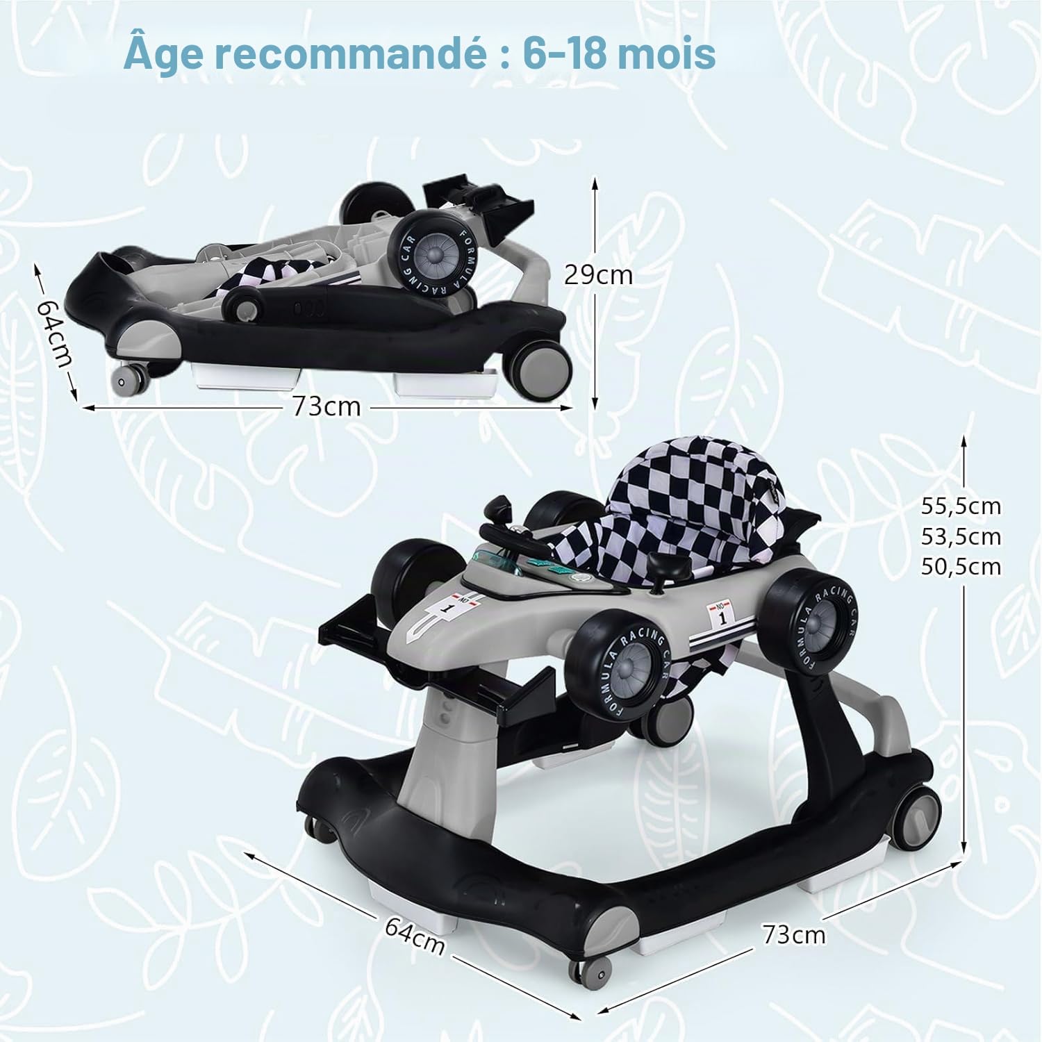 FANTASK Trotteur 4 en 1 avec hauteur et vitesse réglables, Baby Walker avec boîte à musique, lumières et roues, bébé à partir de 6 mois, charge maximale 12 kg (gris)