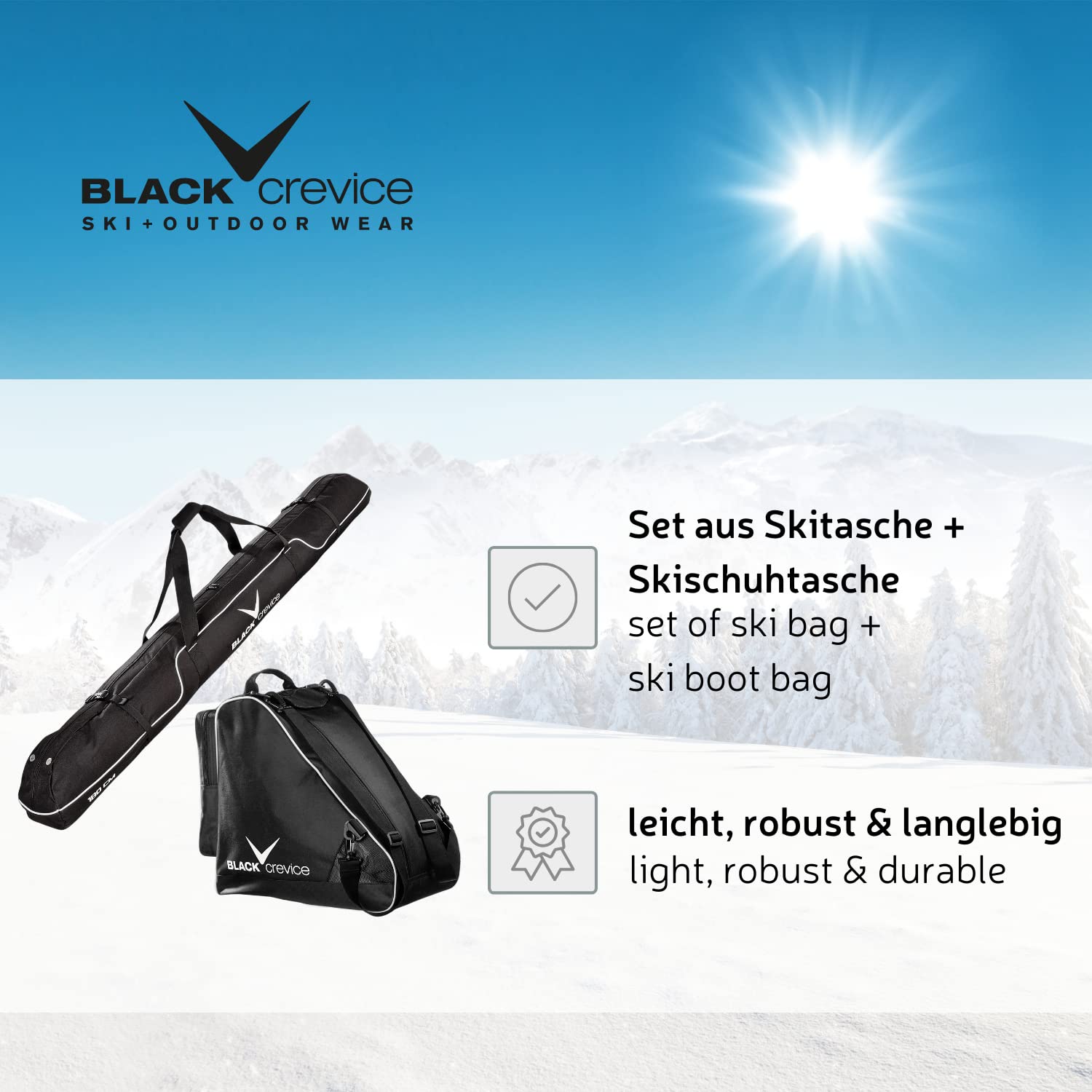 Black Crevice Set de Sacs de Ski I Set Combi I Robustes 600D/PVC I avec bandoulière I Sac de Ski : 180x20x20cm I Sac de Chaussures de Ski : 43x27x42cm