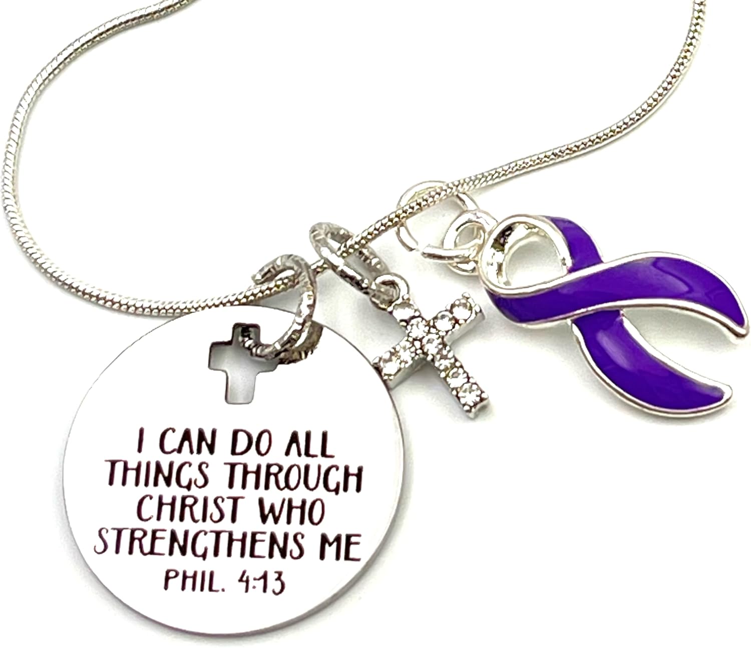 Purple Ribbon Necklace - I Can Do All Through Christ - Epilepsy, Fibromyalgia, Lupus, Migraines, Pancreatic Cancer Survivor - Awareness