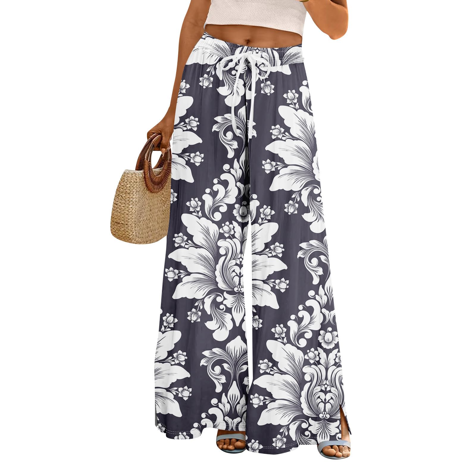 GOFULY Wide Leg Flowy Pants for Women Summer 2025 Beach Palazzo Pants High Elastic Waist Drawstring Side Slit