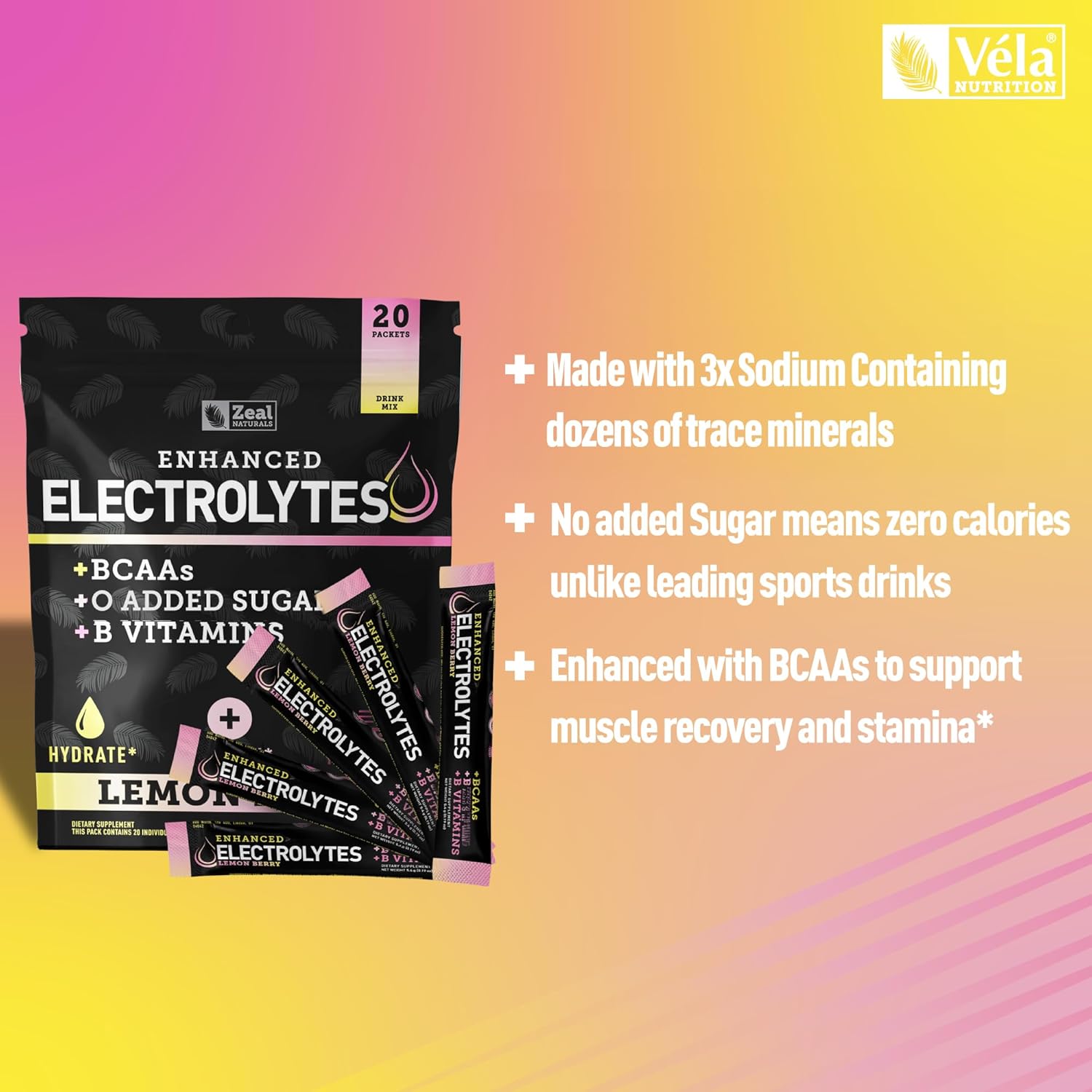 Enhanced Electrolyte Powder Stick Packs (Lemon Berry | 20 Packets) w/ 0 Sugar +BCAAs +B-Vitamins Electrolyte Supplement w Potassium Zinc & Magnesium for Hydration - Keto Electrolytes