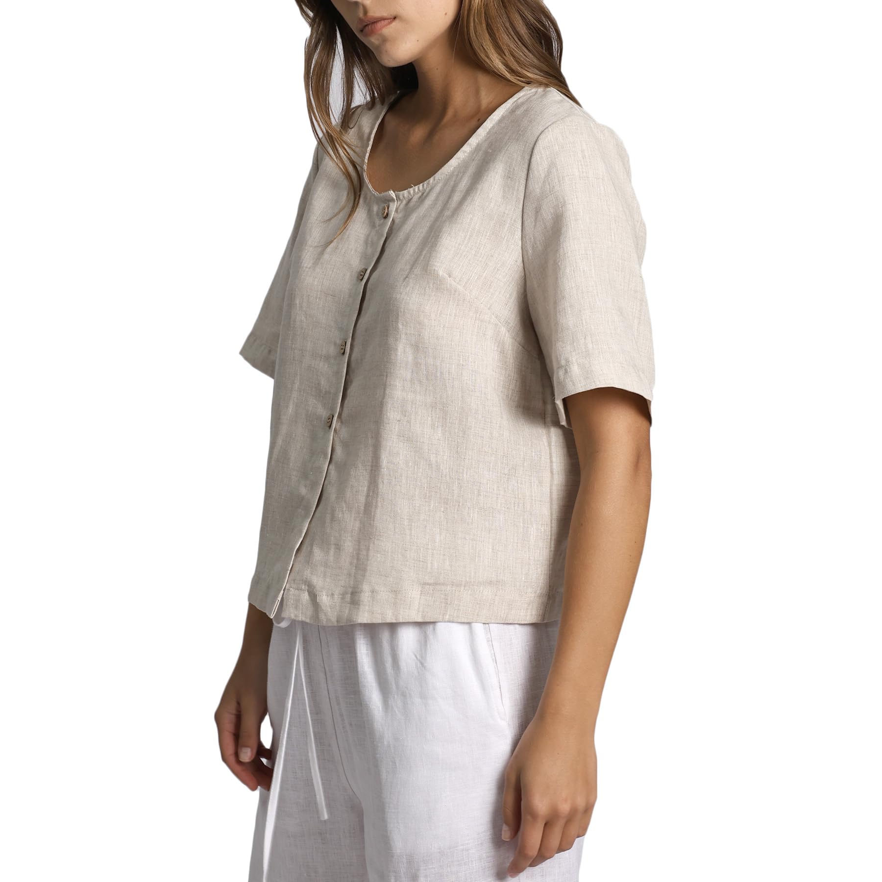 Amazhiyu Camicetta da donna in 100% lino, girocollo, manica corta, abbottonatura