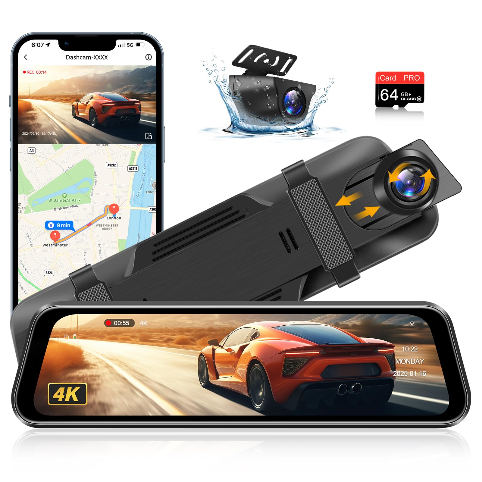 Vtopek 4K 10-inch Dashcam Rearview Mirror with Rear Camera