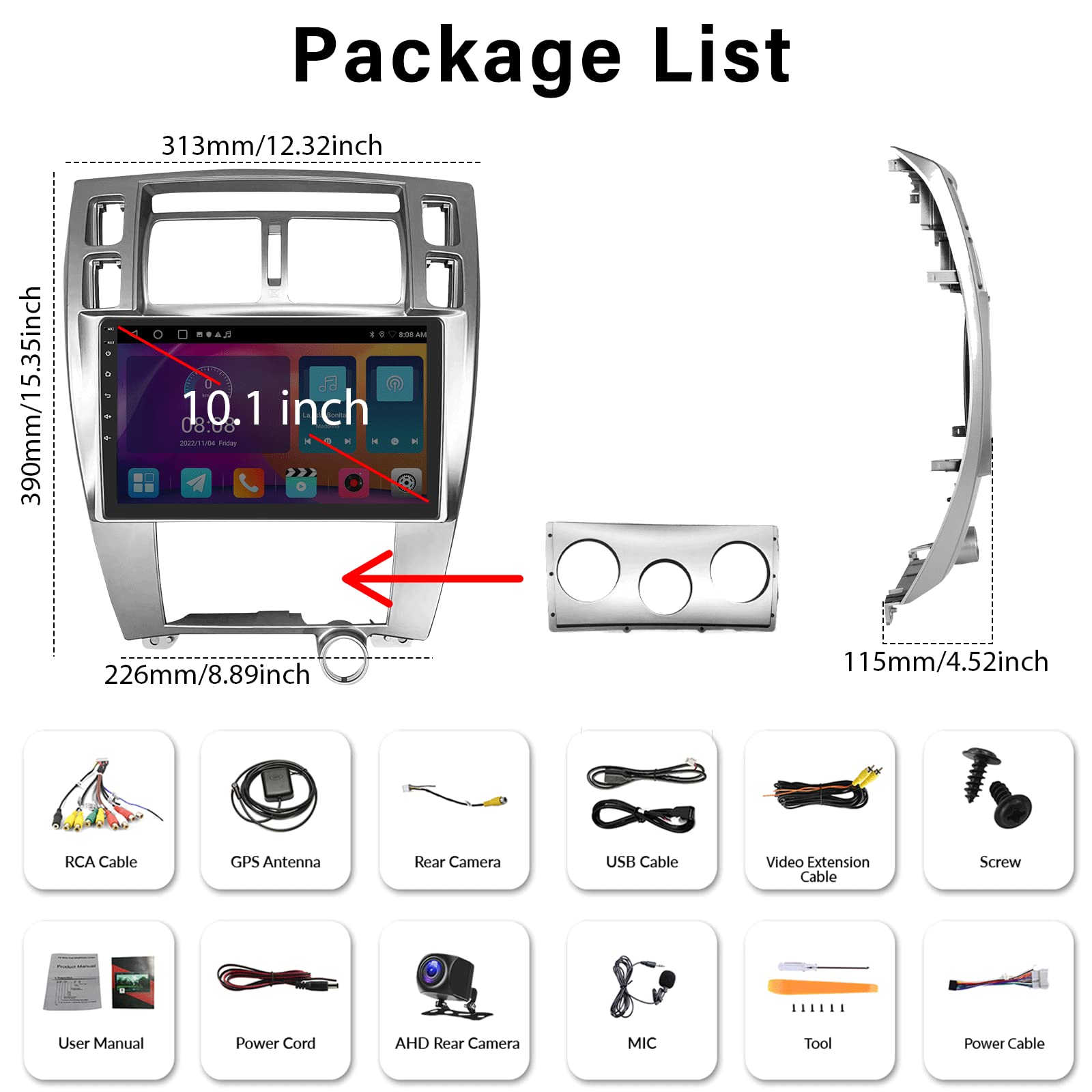 2+32G Android Car Stereo for Hyundai Tucson 2006-2013 with Apple Carplay Android Auto Mirror Link Change Theme 10.1 inch Touch Screen FM RDS HiFi Bluetooth WiFi GPS+Camera & MIC