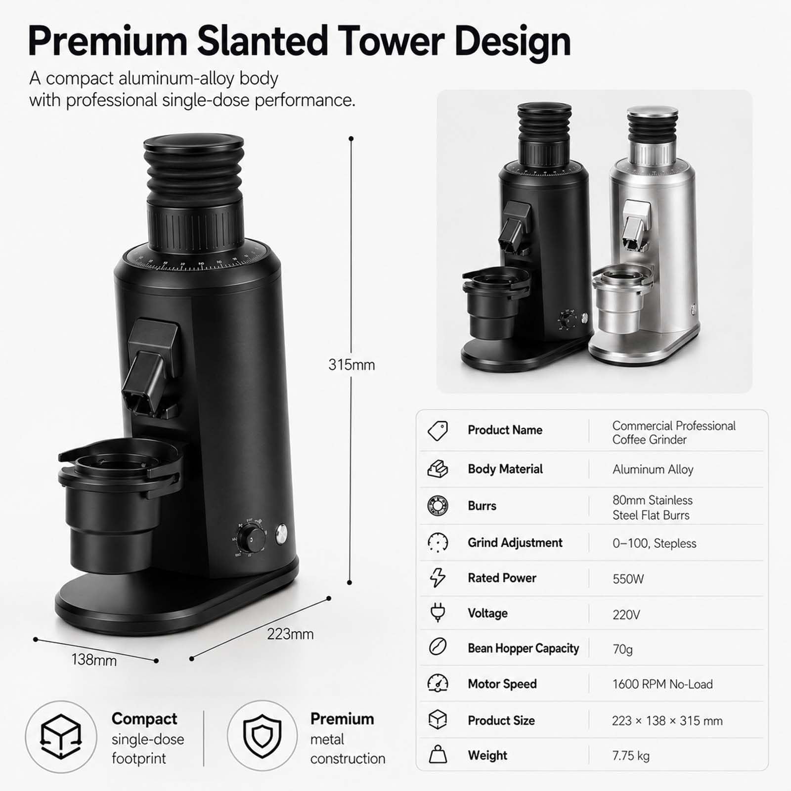 Molinillo Dosificador para CafeteríAs: Muelas De 80 Mm Y Soporte Black | Optimizado para un flujo de trabajo rápido; compatible con cestas de 58 mm y ajuste micrométrico de 100 niveles.