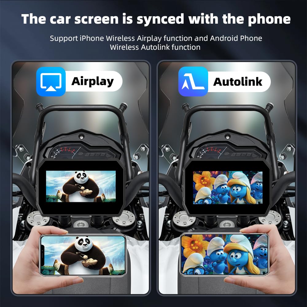 Bezprzewodowy odbiornik samochodowy CarPlay i Android do motocykla, ekran dotykowy IPS 800 nitów, IP67, wodoodporny ekran dotykowy, BT 5.0, obsługuje mapy / muzykę za pośrednictwem smartfona