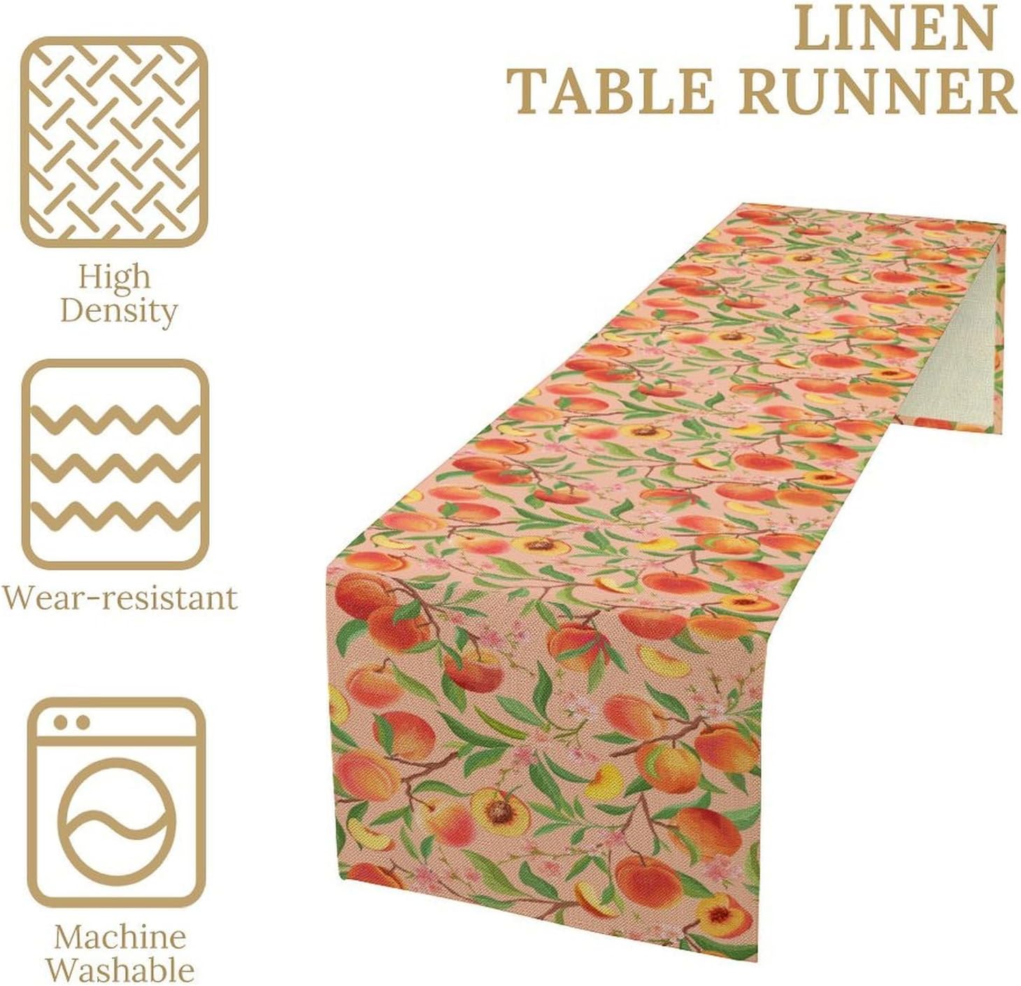Peach Summer Table Runner Rosy Fruits Verdant Foliage with Blooming Flowers Fresh Home Decor for Farmhouse Indoor Outdoor Party Holiday Dining Kitchen Restaurant Cafe W13xL120in