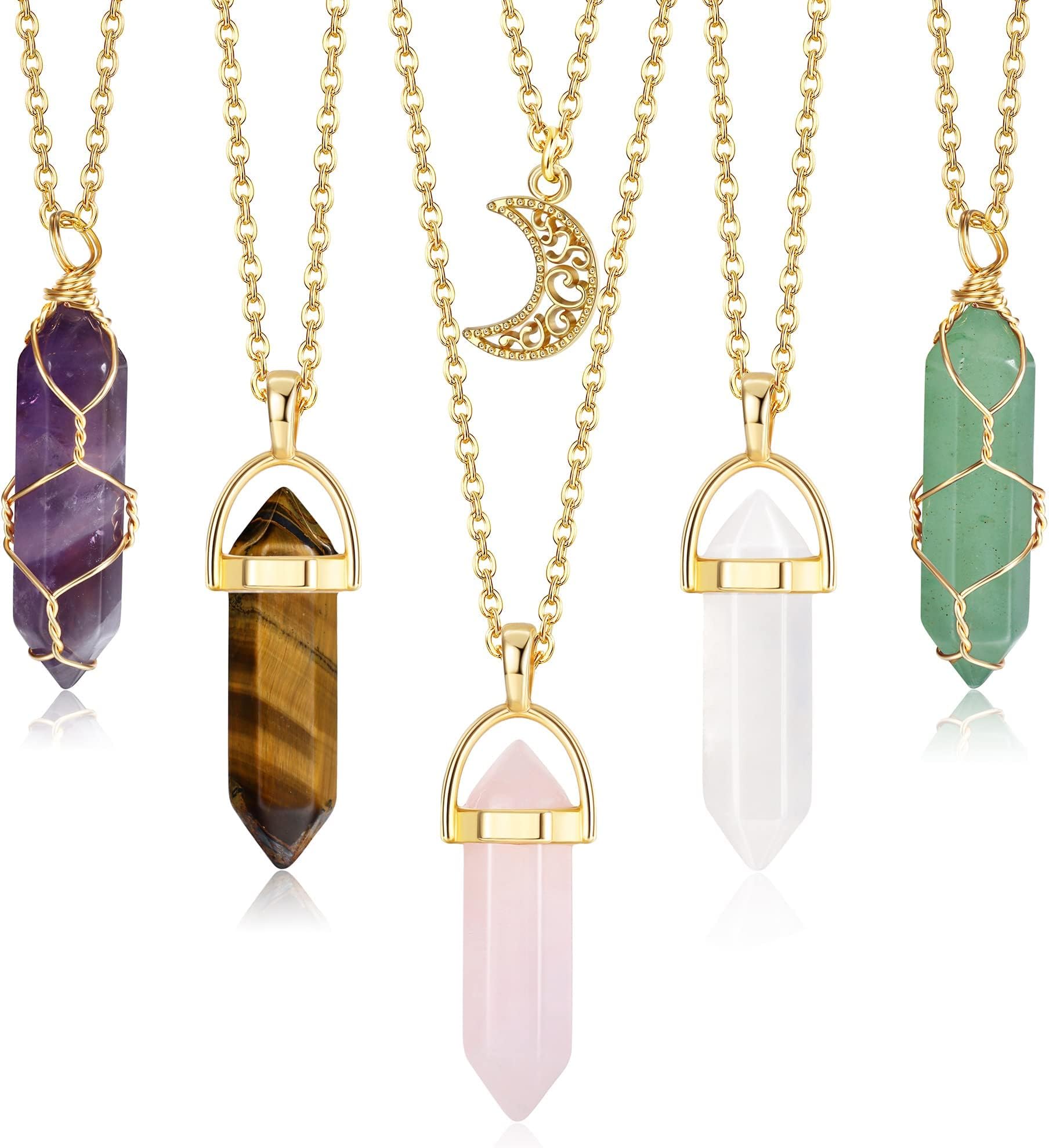 JeryWe5pcs Crystal Pendant Necklace Spiritual Natural Healing Stone Amethyst Rose Quartz Gemstone Necklace Crystal Jewelry for Women