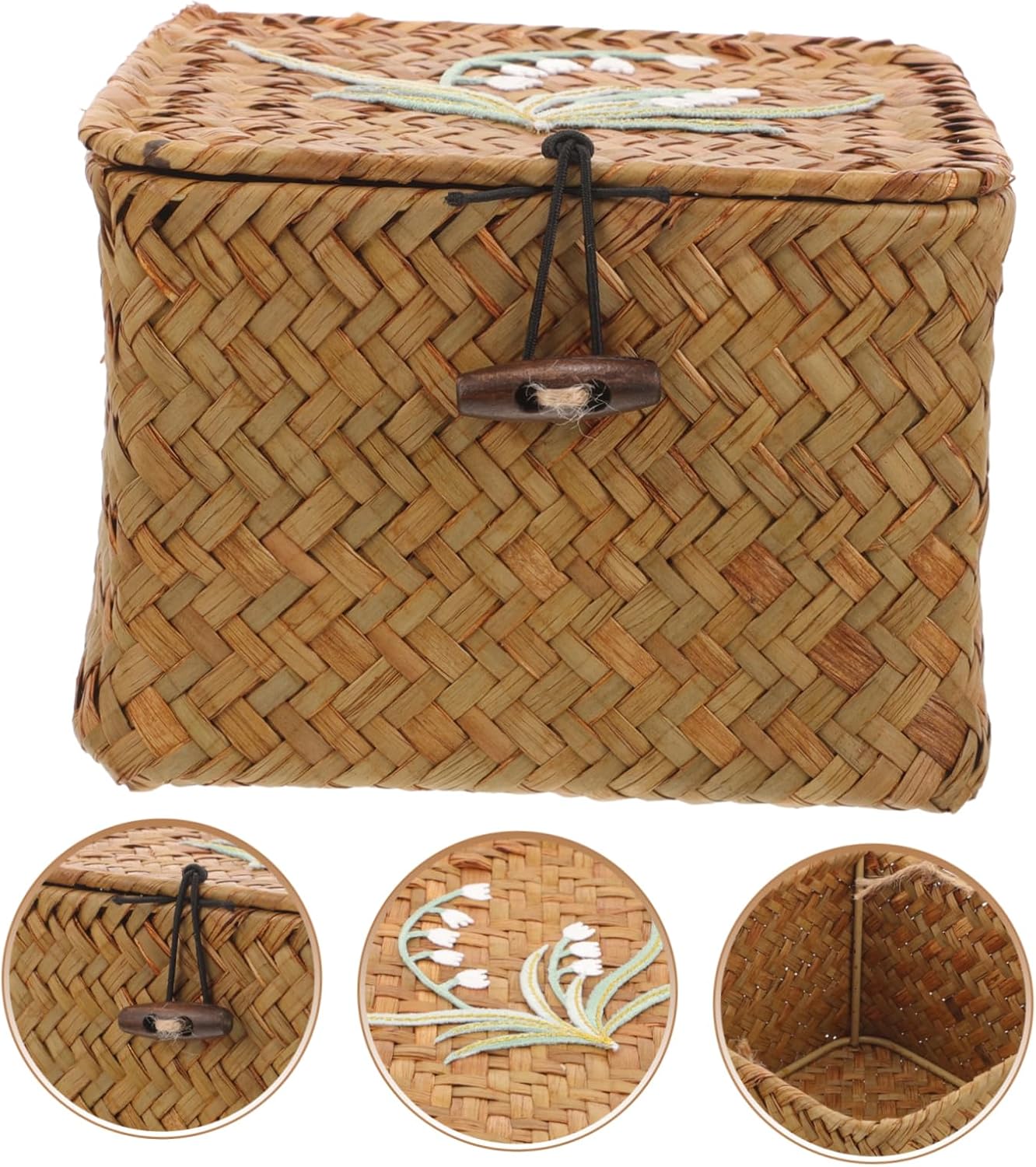 COOLHIYA Woven Sewing Organizer Box with Lid Small Straw Storage Basket for Home Decor and Cosmetics Rattan Weaving with Floral Pattern Multi Purpose Storage Bin for Office Study and