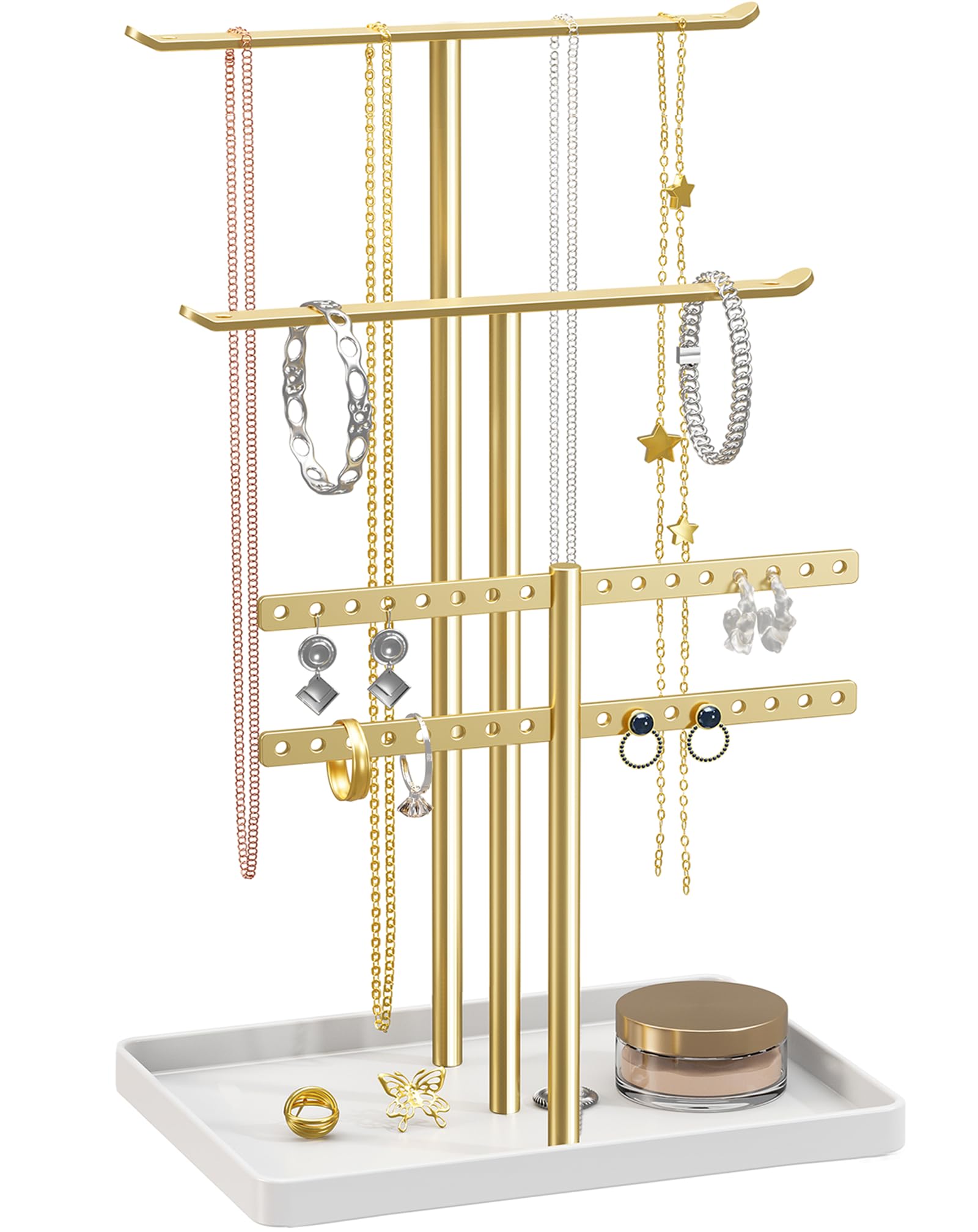 Jewelry Stand Organizer, 32cm Tall Sturdy Metal, 3-Tier Jewelry Holder for Necklace, Earring, Bracelet, Ring, Hanger for Display and Storage, Aesthetic Room Decor, Gold Jewlery Stand with White Tray