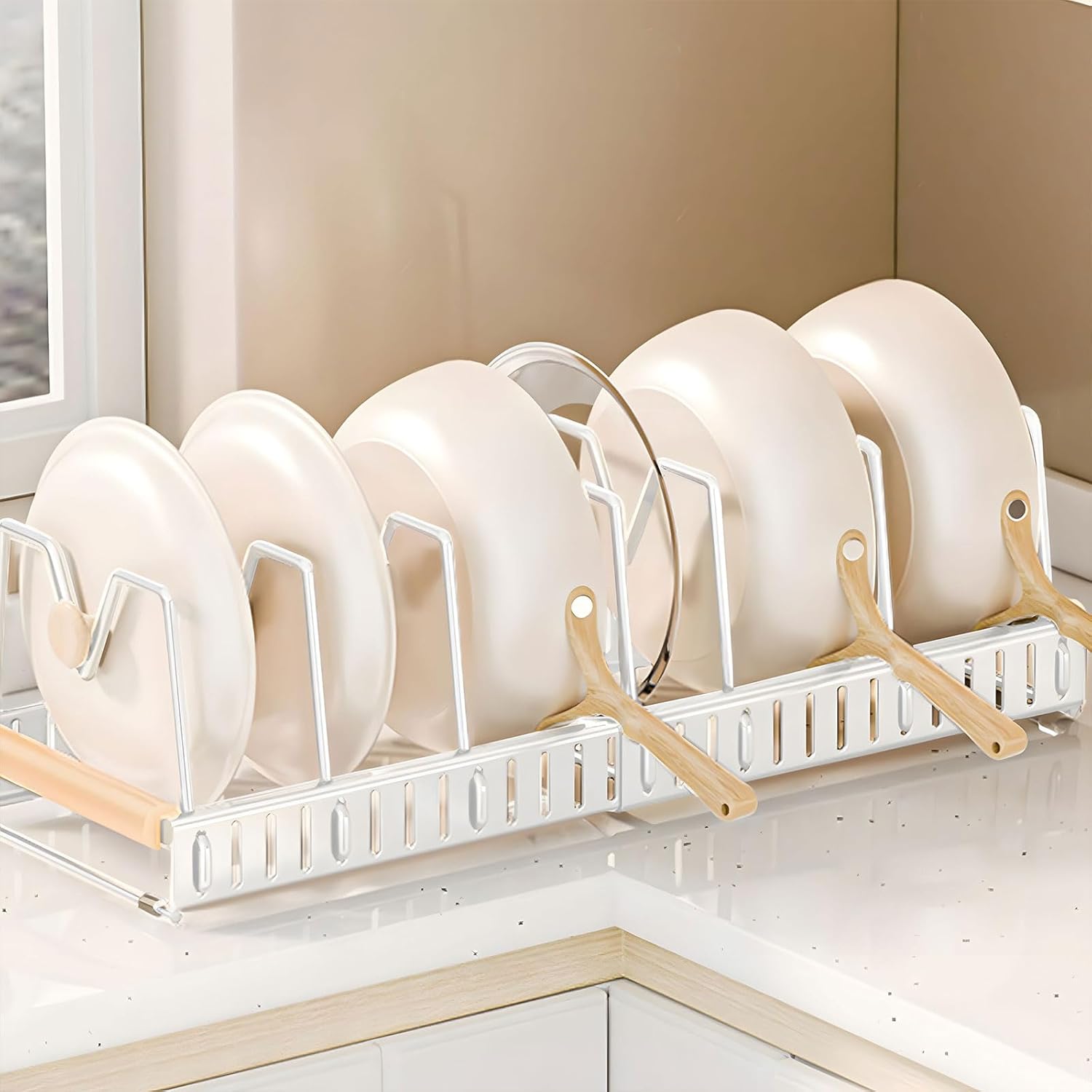 Lid Organizers Inside Cabinet, Expandable Pot Lid Organizer Holder With 6 Adjustable Dividers, Extension And Contraction Total Length 31-57.5cm (White, 6 Dividers)