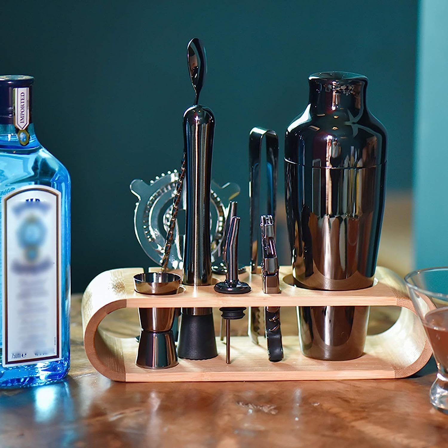 Kit Cocktail Set di Shaker per Cocktail in Acciaio Inossidabile da 10 Pezzi con Kit Barman Supporto per Bar Domestici All'aperto Shaker Cocktails Set(Black)