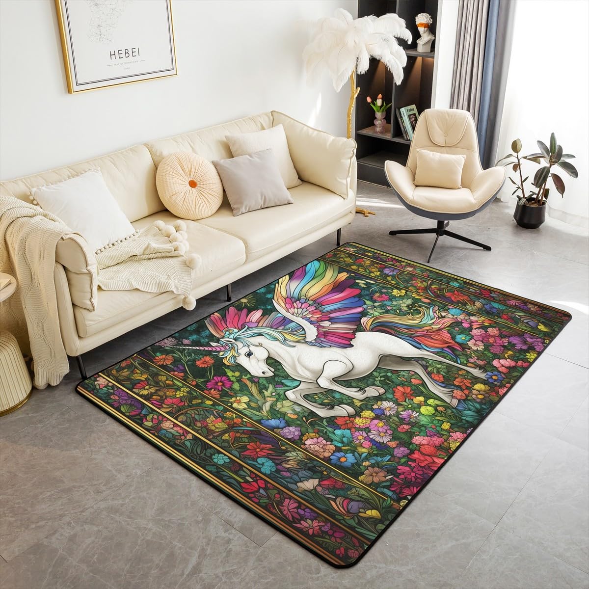 Cartoon Unicorn Wing Kids Area Rug,Daisy Flowers Leaves Rustic Mats Rugs for Boys Girls,Tale Castle Animal Boho Bath Carpets,Watercolor Retro Bath Rugs,Absorbent Floor Mats,5'x6'6''