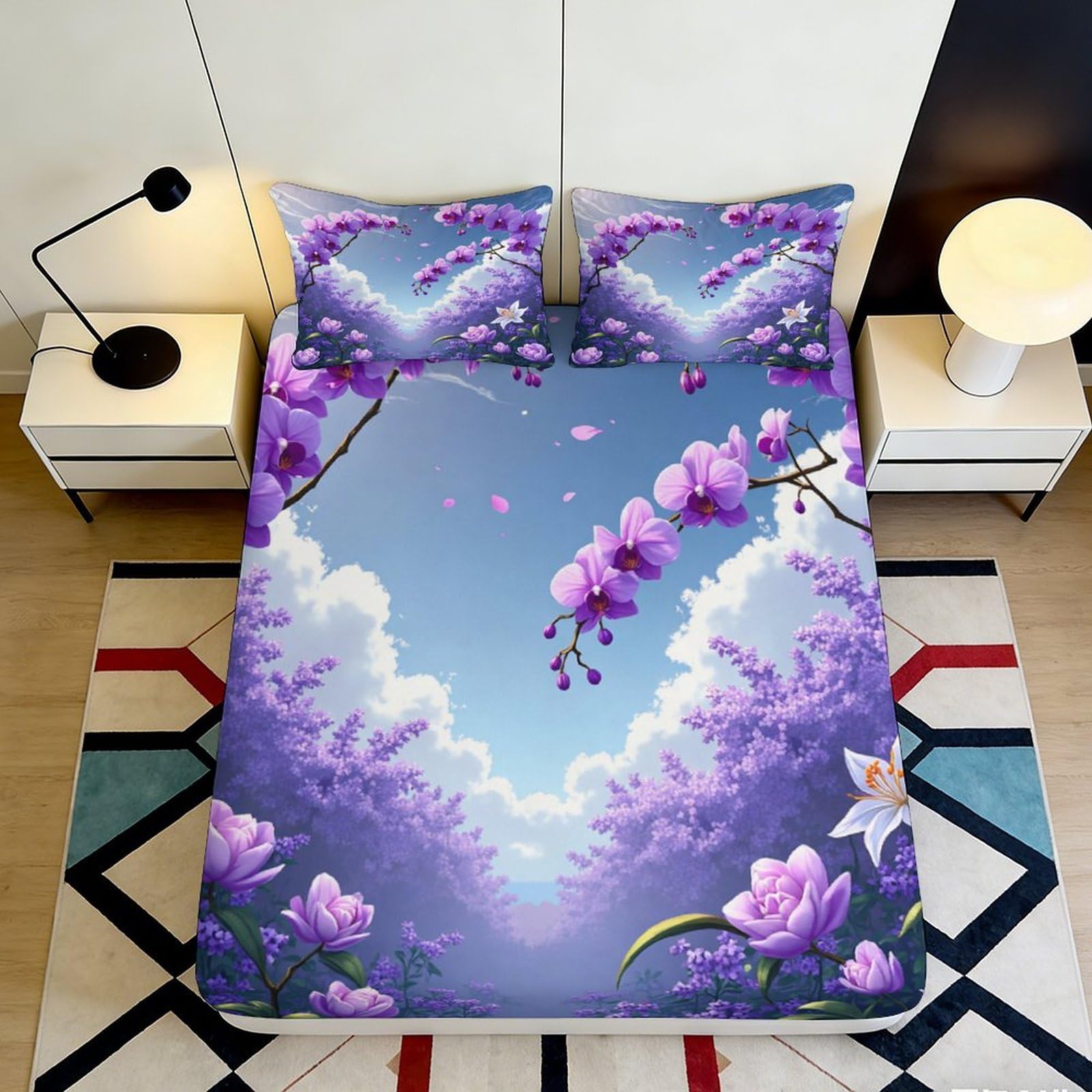 Uxinyoume Style-9 3D Printed Lavender Blossom Fitted Sheet Microfiber Soft Breathable Sky Heart Bed Cover For Bedroom Dorm Mattress Decor 90X200x25cm