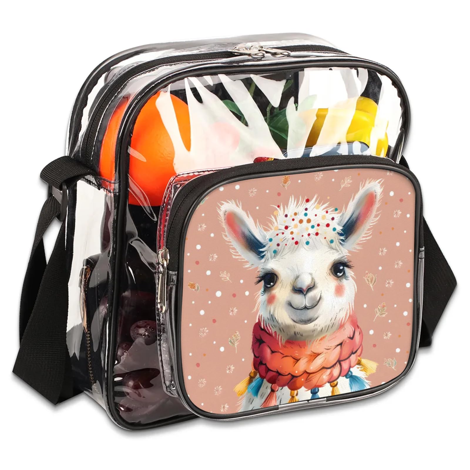 Clear Crossbody Bag Stadium Approved Cute Alpaca Transparent Bag for Festivals, Sports Events, Concerts,Beach Bag for Women Men Clear Purse with Front Pocket Messenger Bag with Adjustable Strap