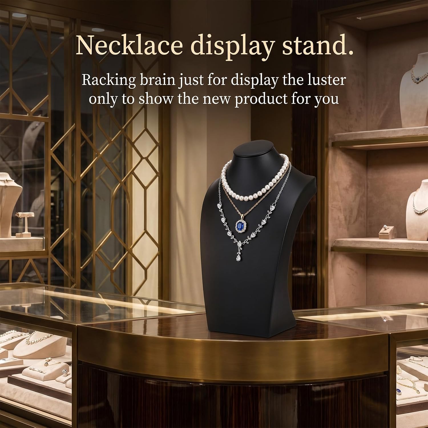 3 Pcs Black Pu Leather Jewelry Bust Display, 11.42 x 6.89 Inch Necklace Stand Mannequin Holder for Retail Store, Craft Show, Home Organization and Photography