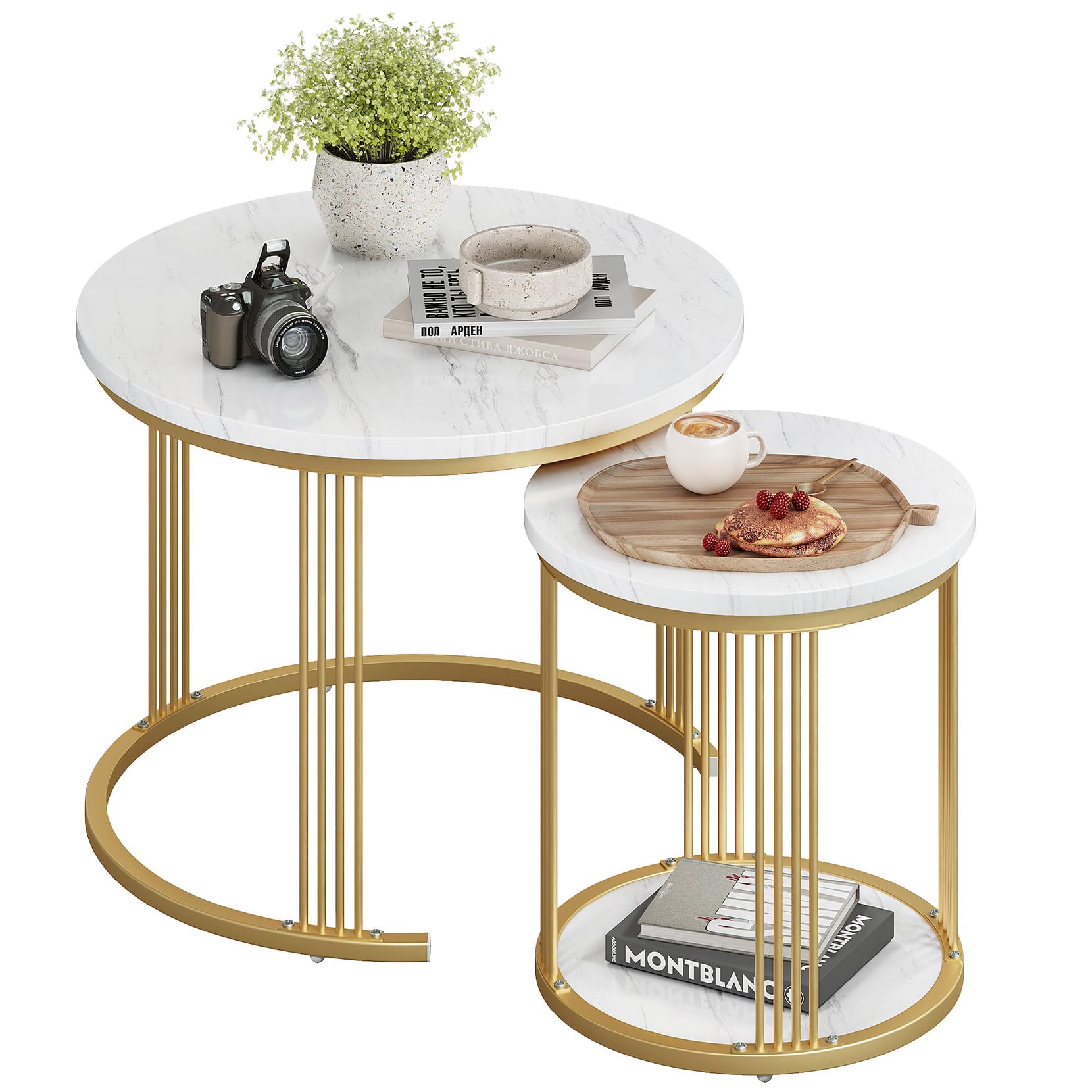 Dripex Set di 2 tavolini rotondi, con vano portaoggetti, telaio in metallo e piano in marmo, tavolino a forma di C per divano, camera da letto, ufficio, bianco