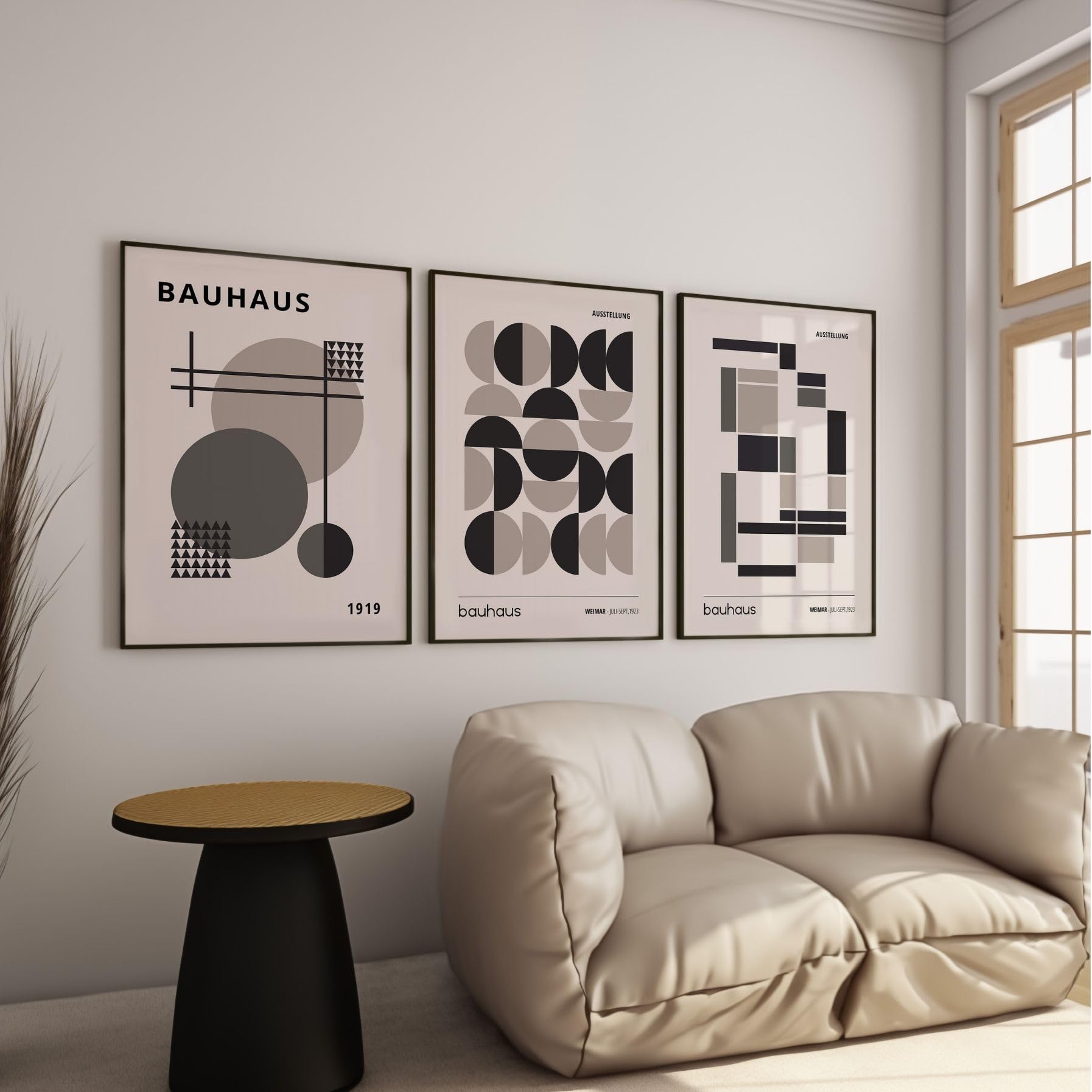 ARTINSPIRIO Neutral Bauhaus Lot de 3 posters – Tableaux muraux géométriques de style milieu du siècle – Art mural minimaliste – Poster sans cadre (A3)
