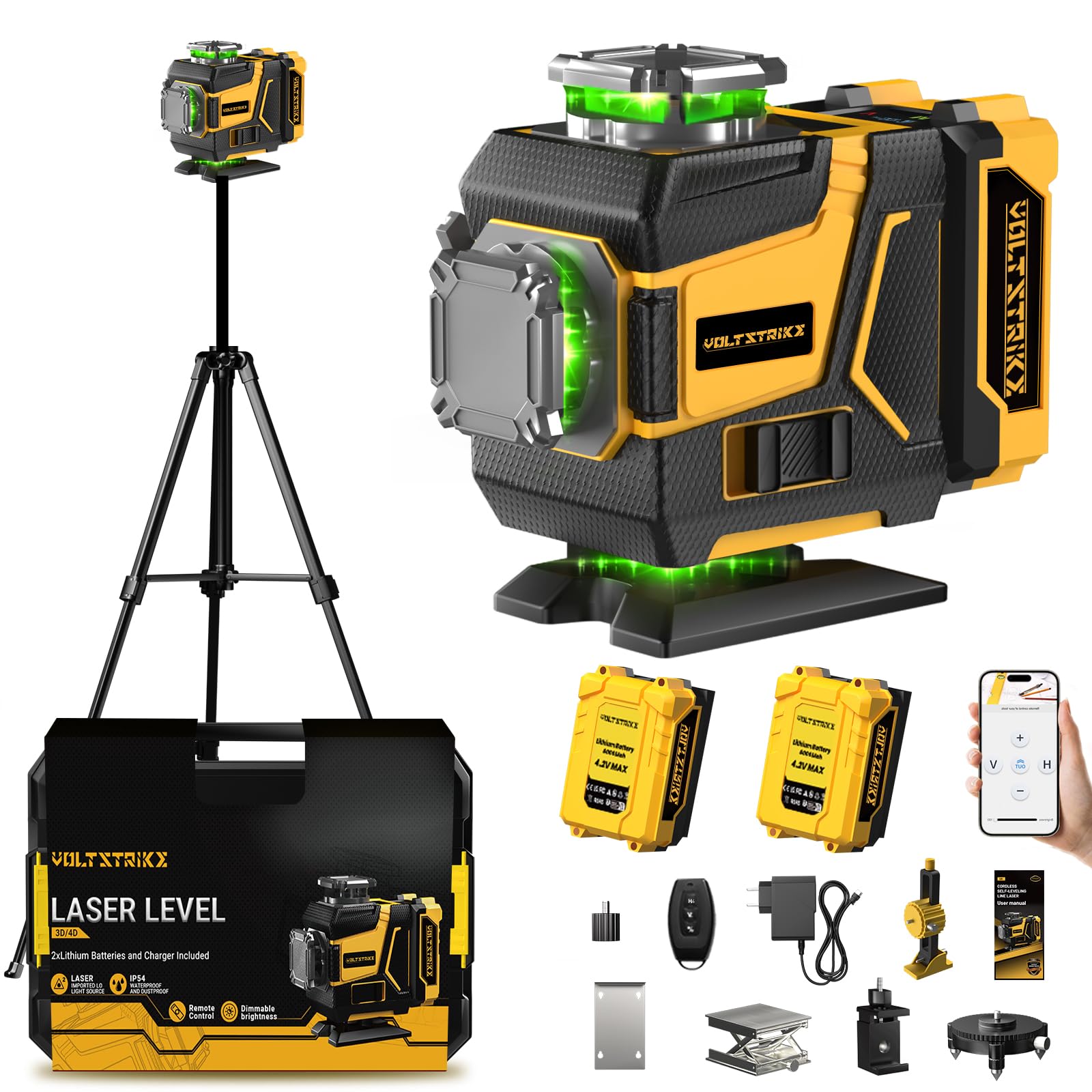 Niveau Laser 360 Autonivelant, 16 Lignes Lazer Niveaux Vert 4D, Laser Chantier avec trepied, 2 Batteries 4800mAh et Télécommande, IP54, pour Rénovation de Maison, Intérieur et Travaux Extérieurs