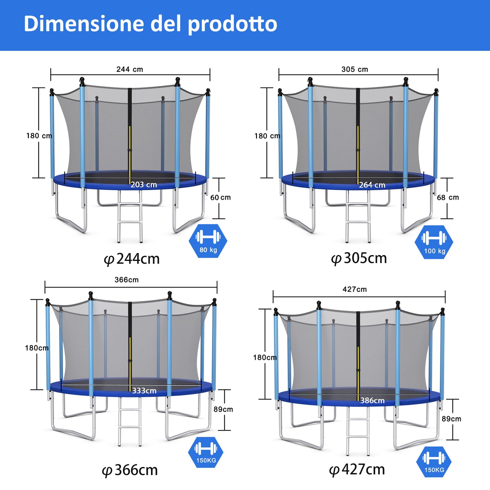 COSTWAY Tappeto Elastico per Bambini 244/305/366/427cm Certificato GS, Trampolino Elastico da Interno ed Esterno con Rete, Tubi Galvanizzati Antiruggine e Scala