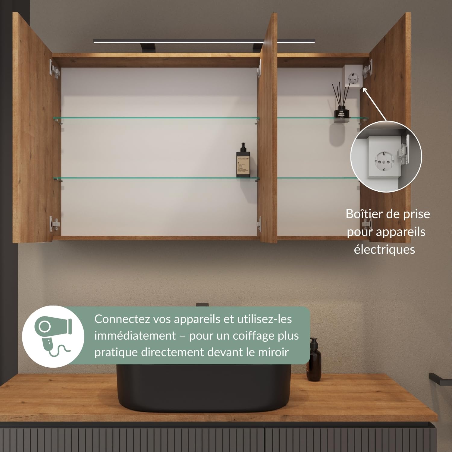 Planetmöbel Aria Armoire de Toilette avec éclairage, 120 x 70 x 16 cm, Armoire de Salle de Bain Suspendue avec Miroir, Chêne doré, avec Lampe et Prise électrique, pour WC invités