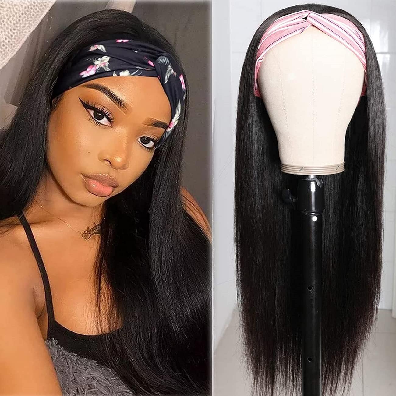 Headband Wig Human Hair Wigs for Black Women 14 Inch Straight Human Hair Wig Brazilian Virgin Hair Machine Made Glueless None Lace Front Wigs 150% Density Natural Color
