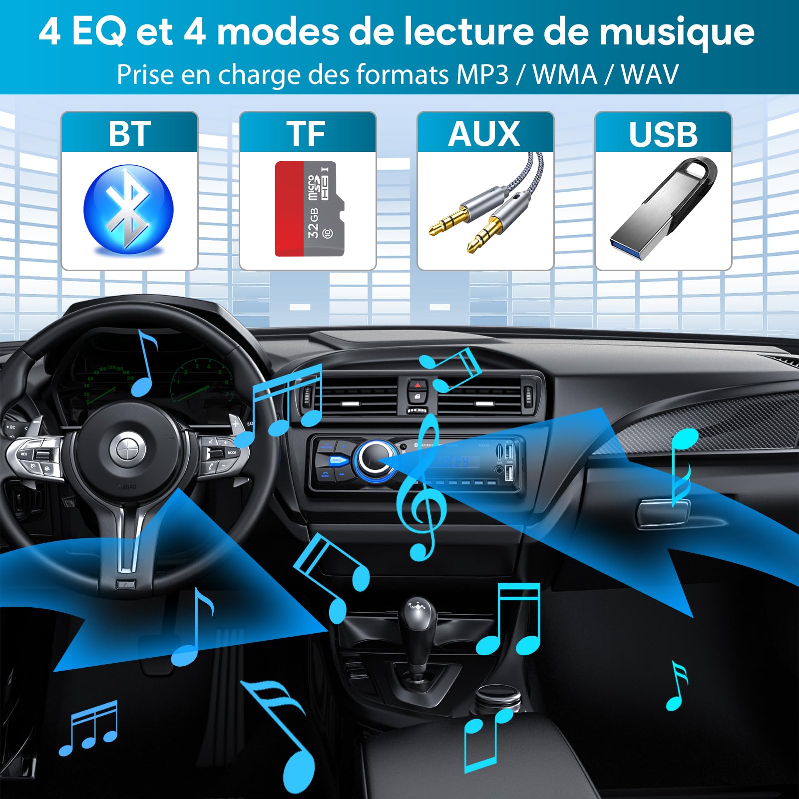 Autoradio Bluetooth Main Libre 5.0, FM Poste Radio Voiture Bluetooth, Autoradio 1 Din pour 9-12V Voiture Supporte 2 USB/AUX/SD/TF/MP3, Supporte iOS/Android